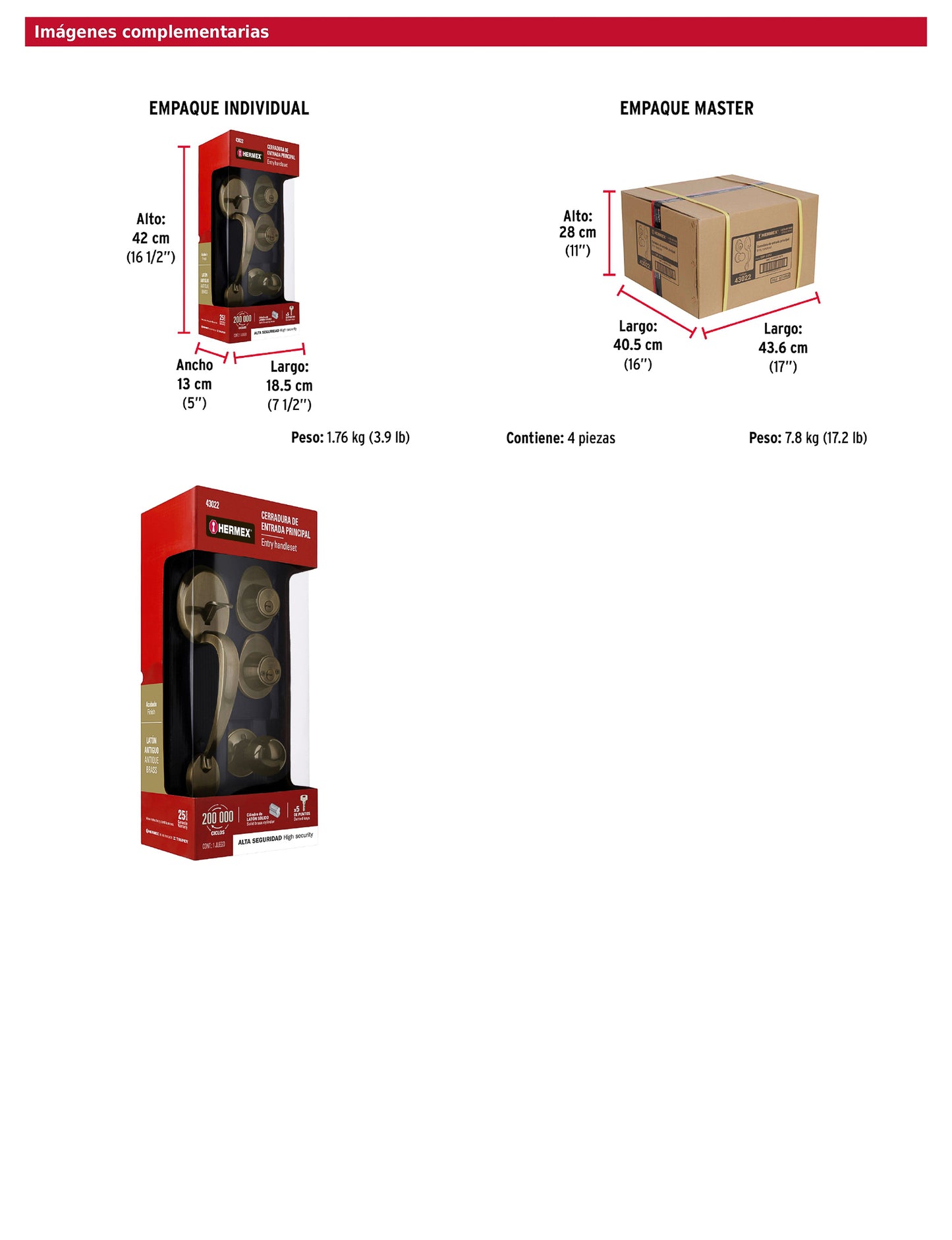 Jaladera y perilla de latón antiguo con cerrojo llave llave