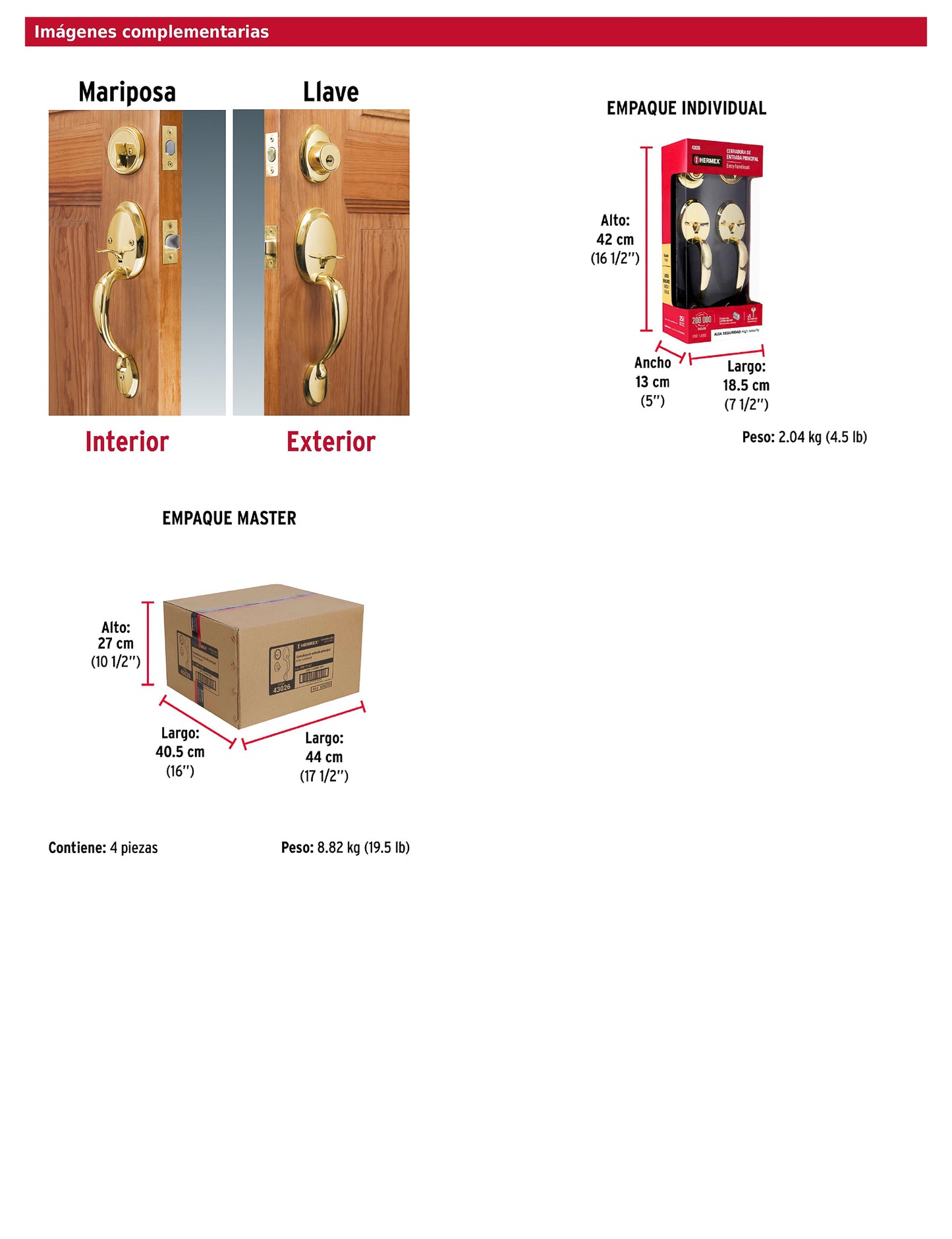 Doble jaladera y perilla de latón brillante con cerrojo llave mariposa