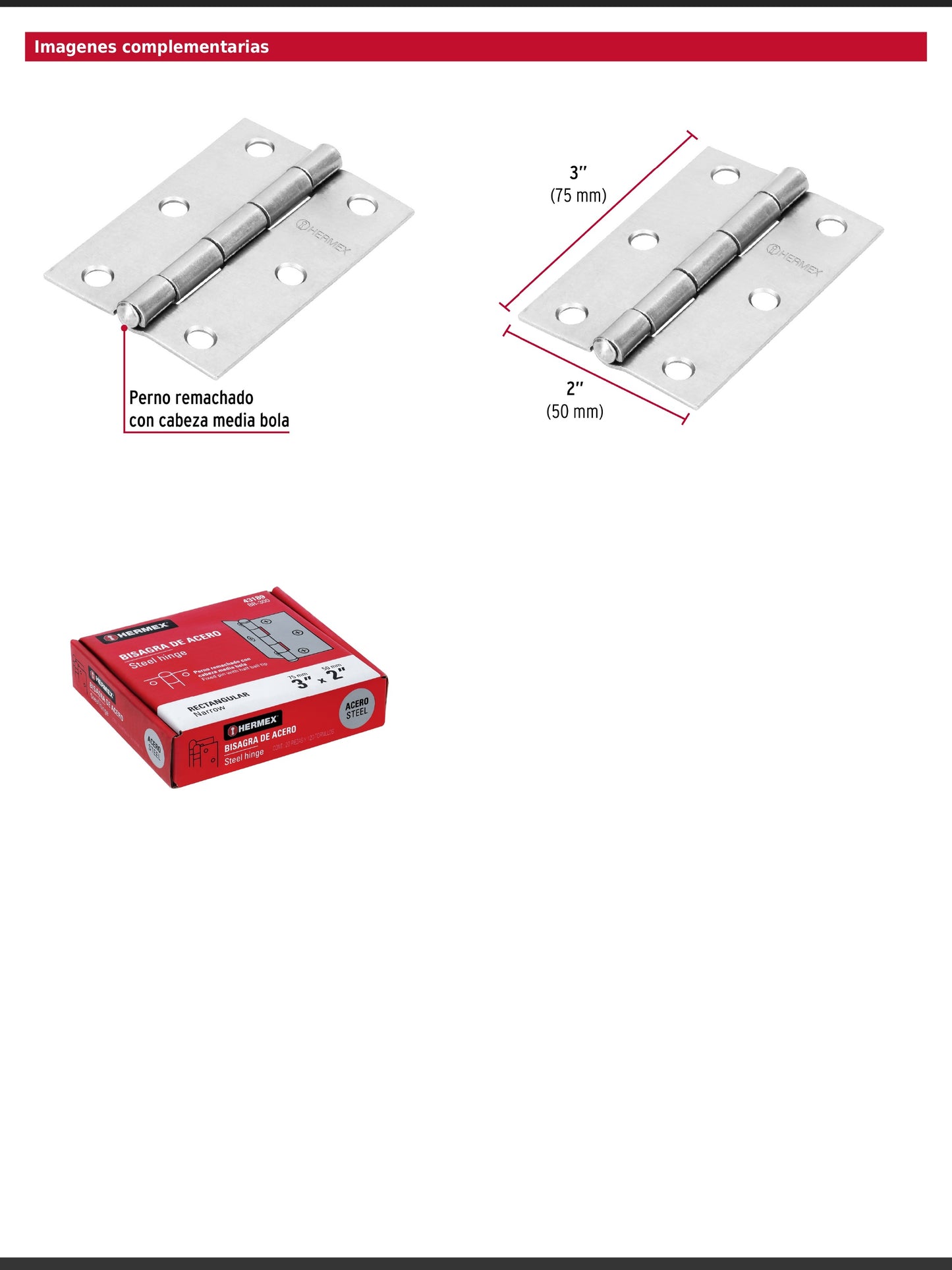 Bisagra rectangular de 3 pulgadas en acero pulido