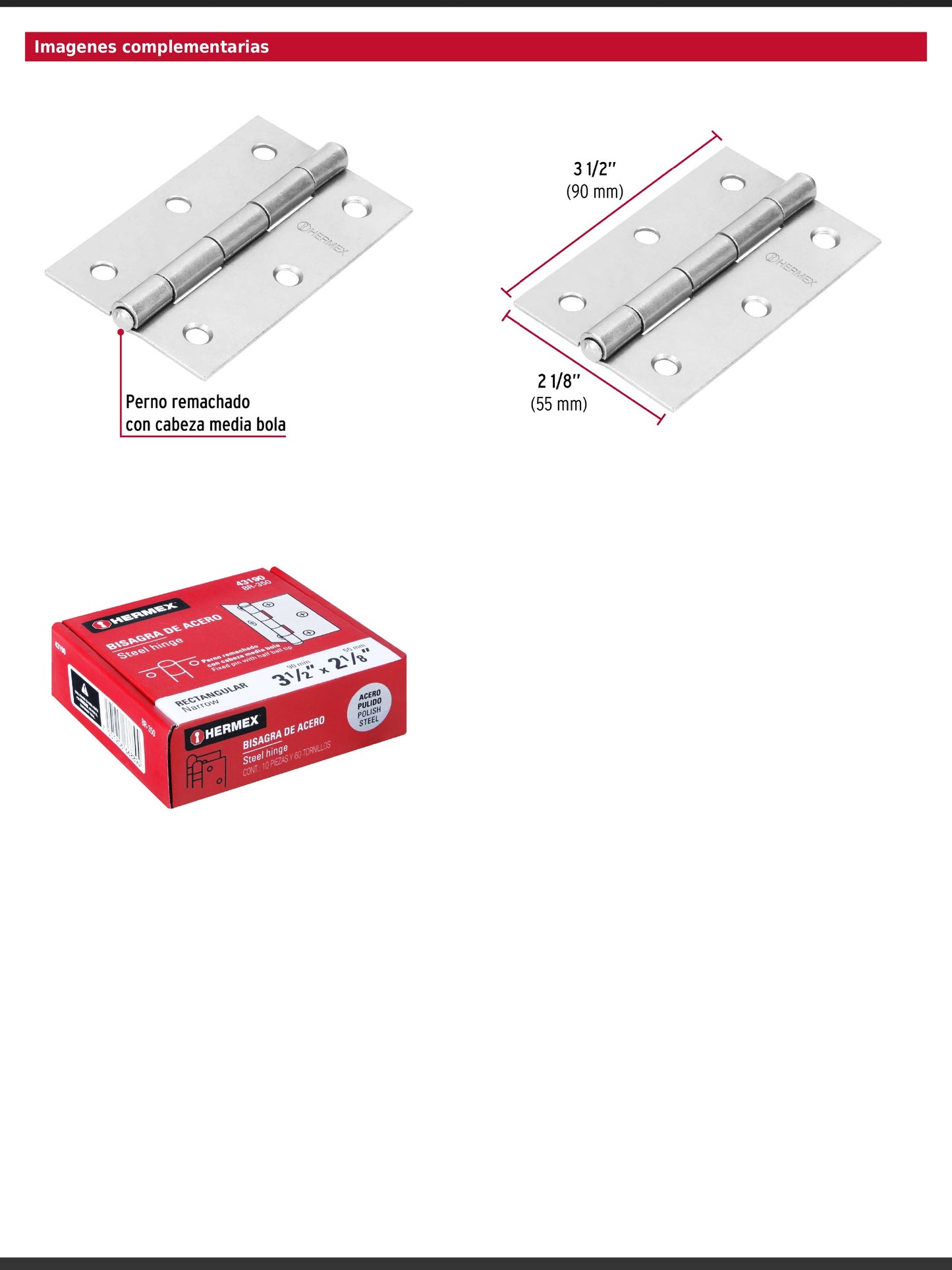 Bisagra rectangular de tres y media pulgadas en acero pulido