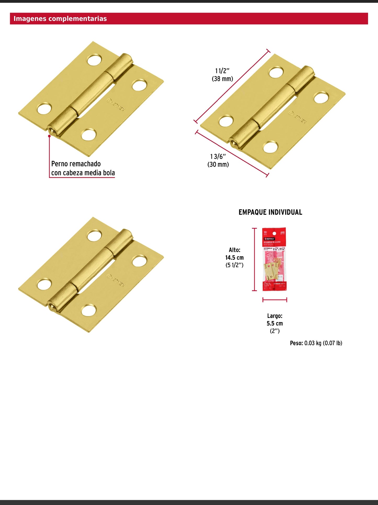 Bisagras rectangulares de 1.5 pulgadas en acero latonado