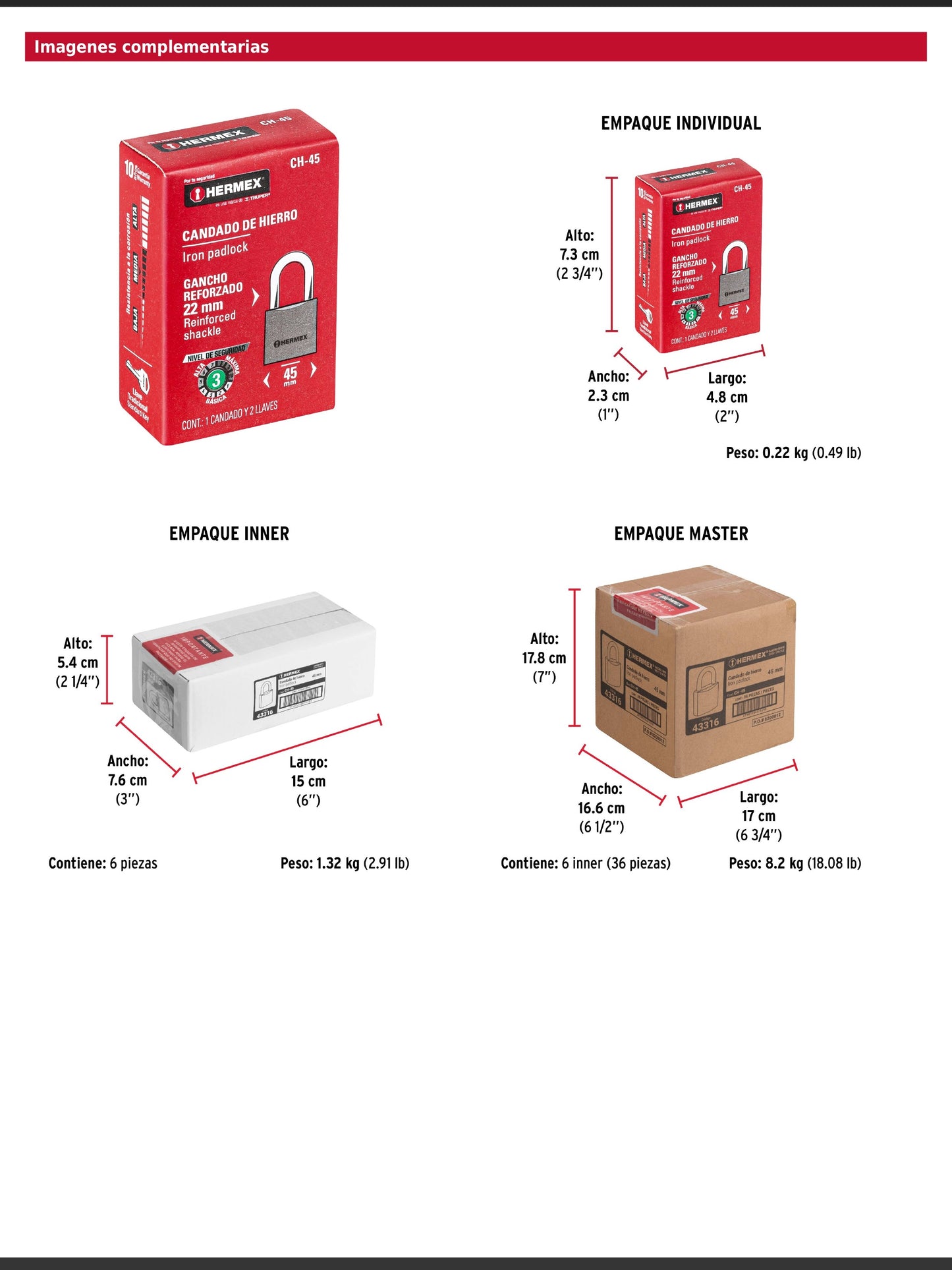 Candado de hierro de 45 mm con gancho corto