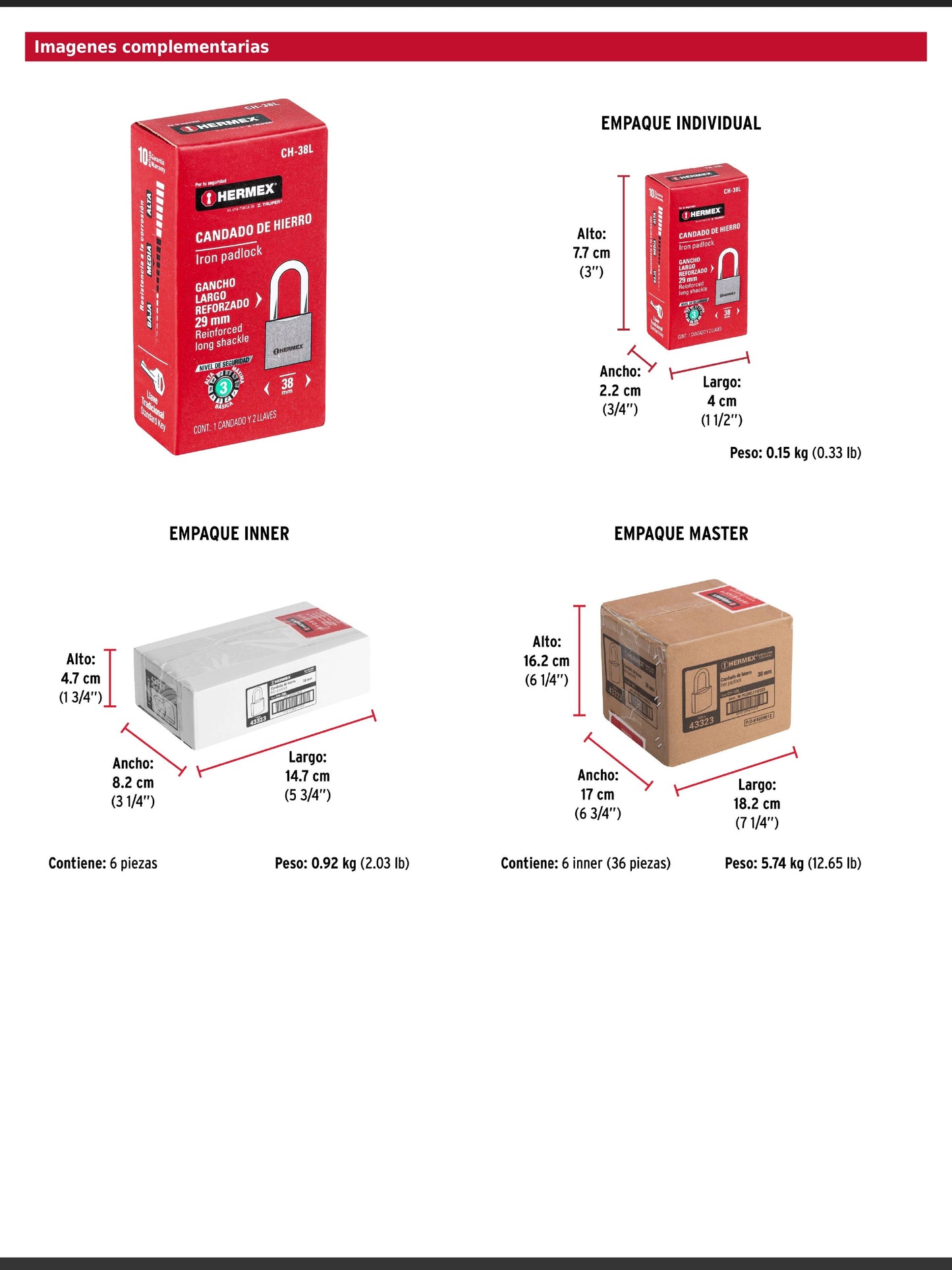 Candado de hierro de 38 mm con gancho largo