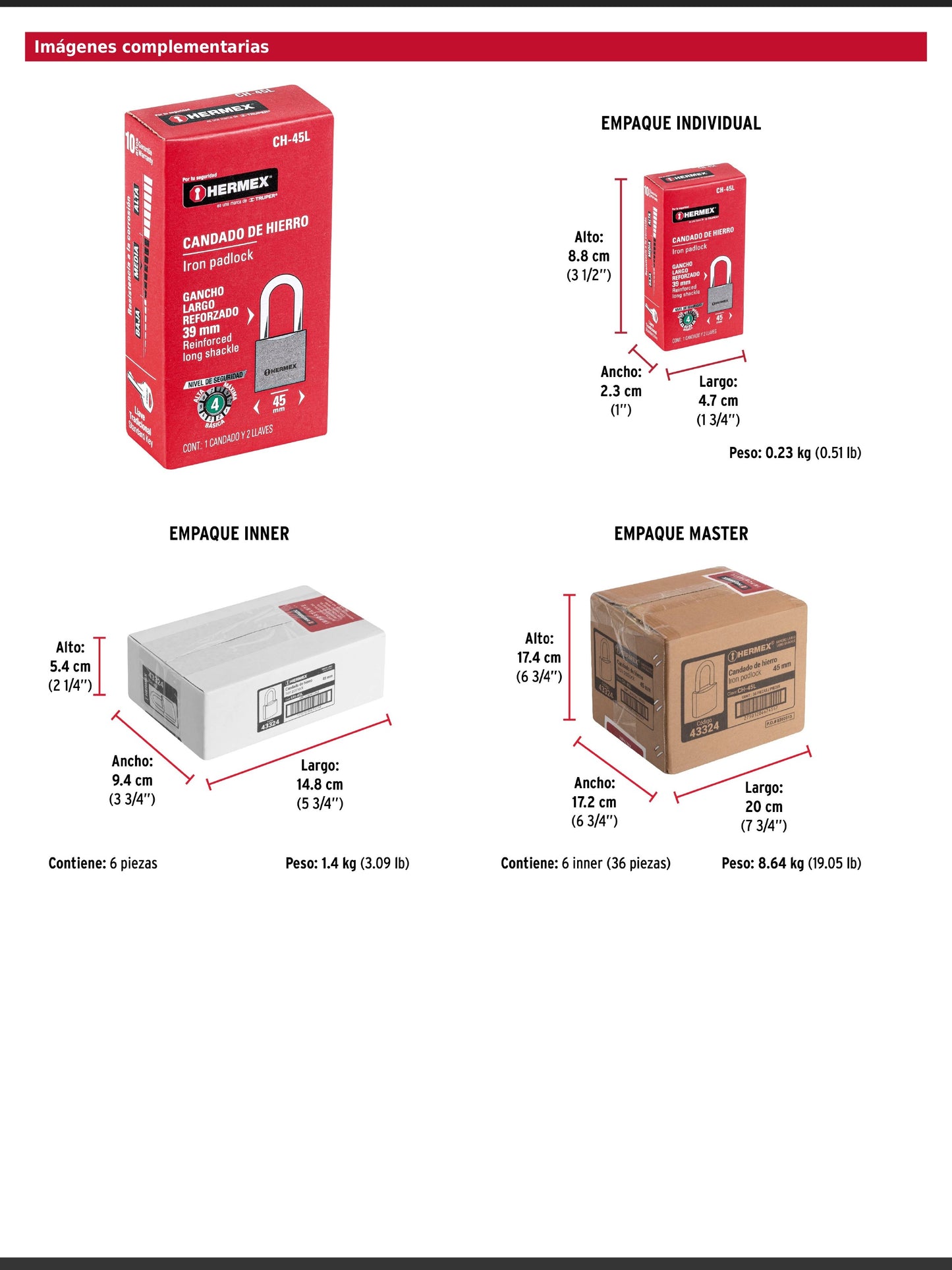 Candado de hierro de 45 mm con gancho largo