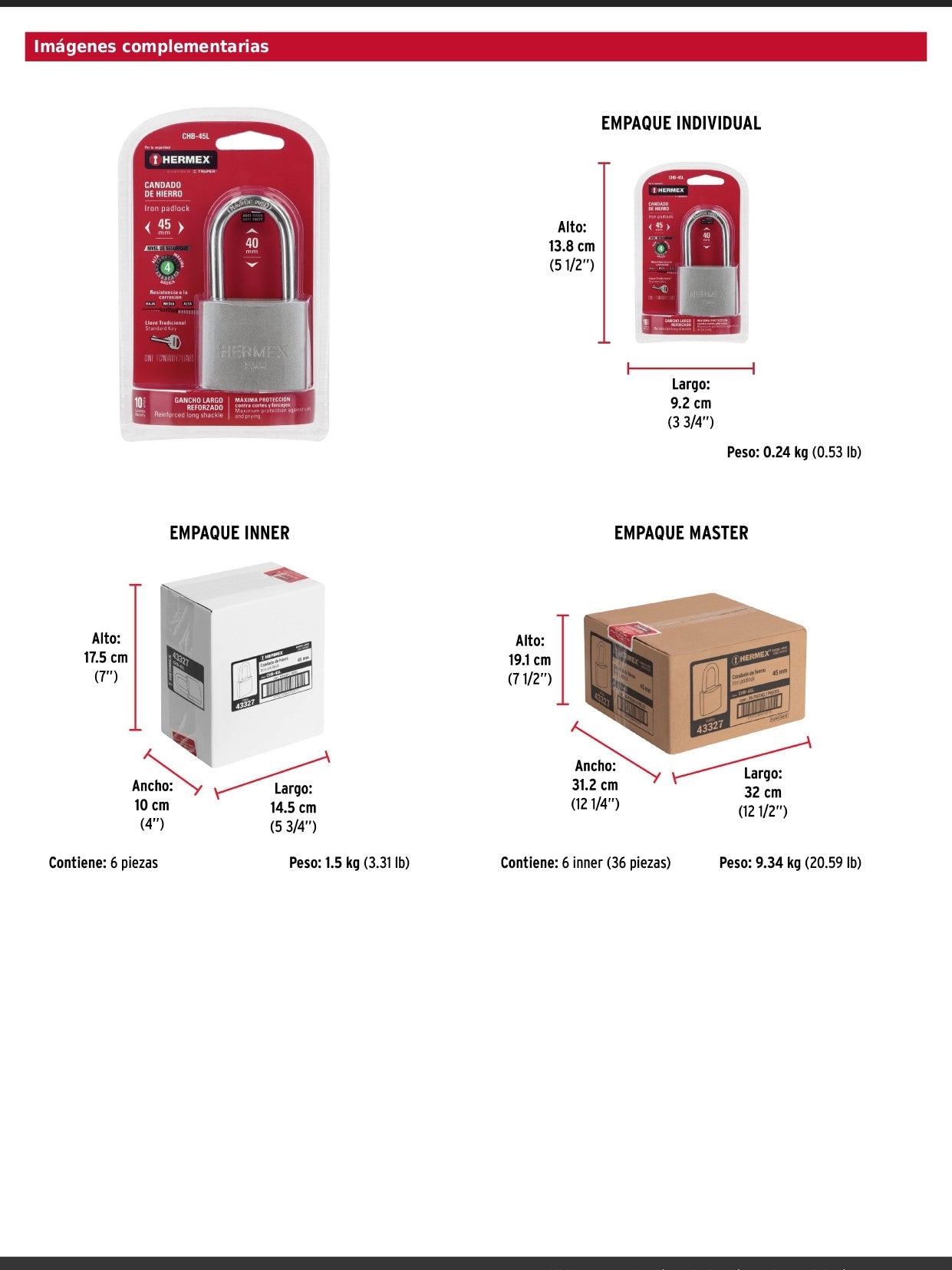 Candado de hierro de 45 mm con gancho largo