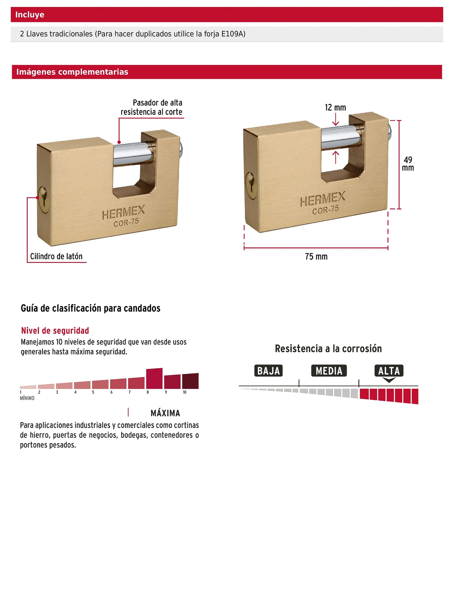 Candado antipalanca 75 mm cuerpo de latón