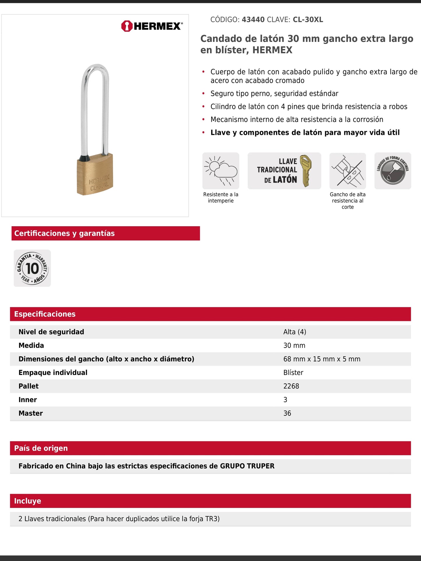 Candado de latón de 30 mm con gancho extra largo