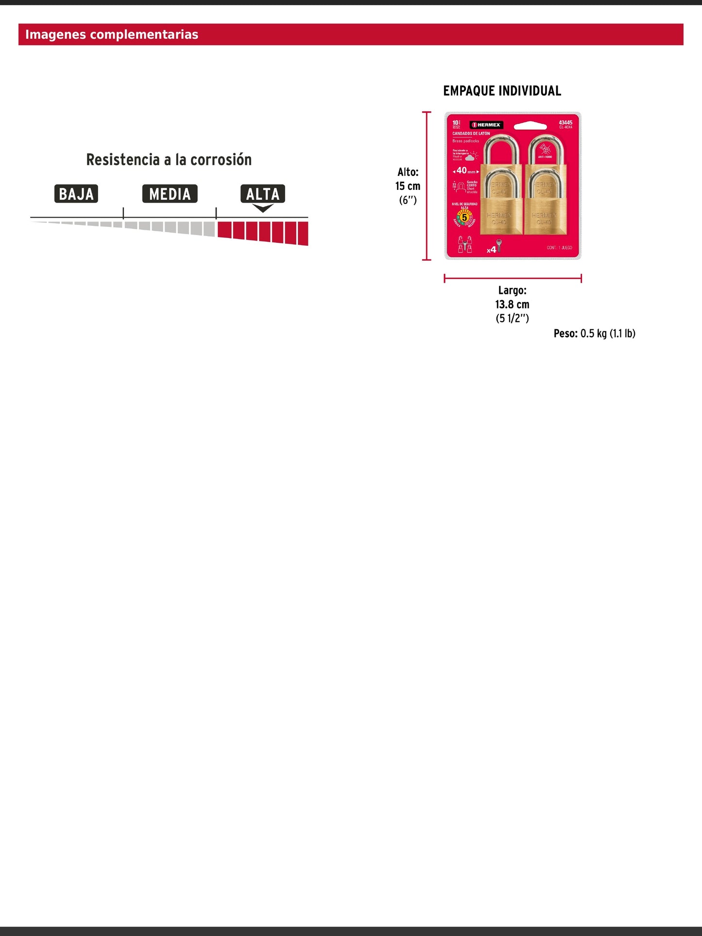 Blíster con 4 candados de latón de 40 mm con gancho corto