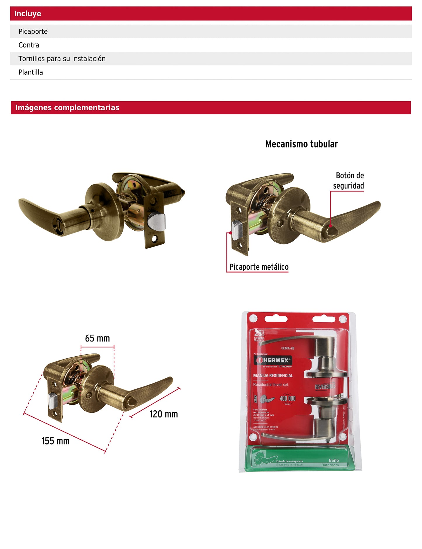 Cerradura manija baño de latón antiguo con cilindro metálico