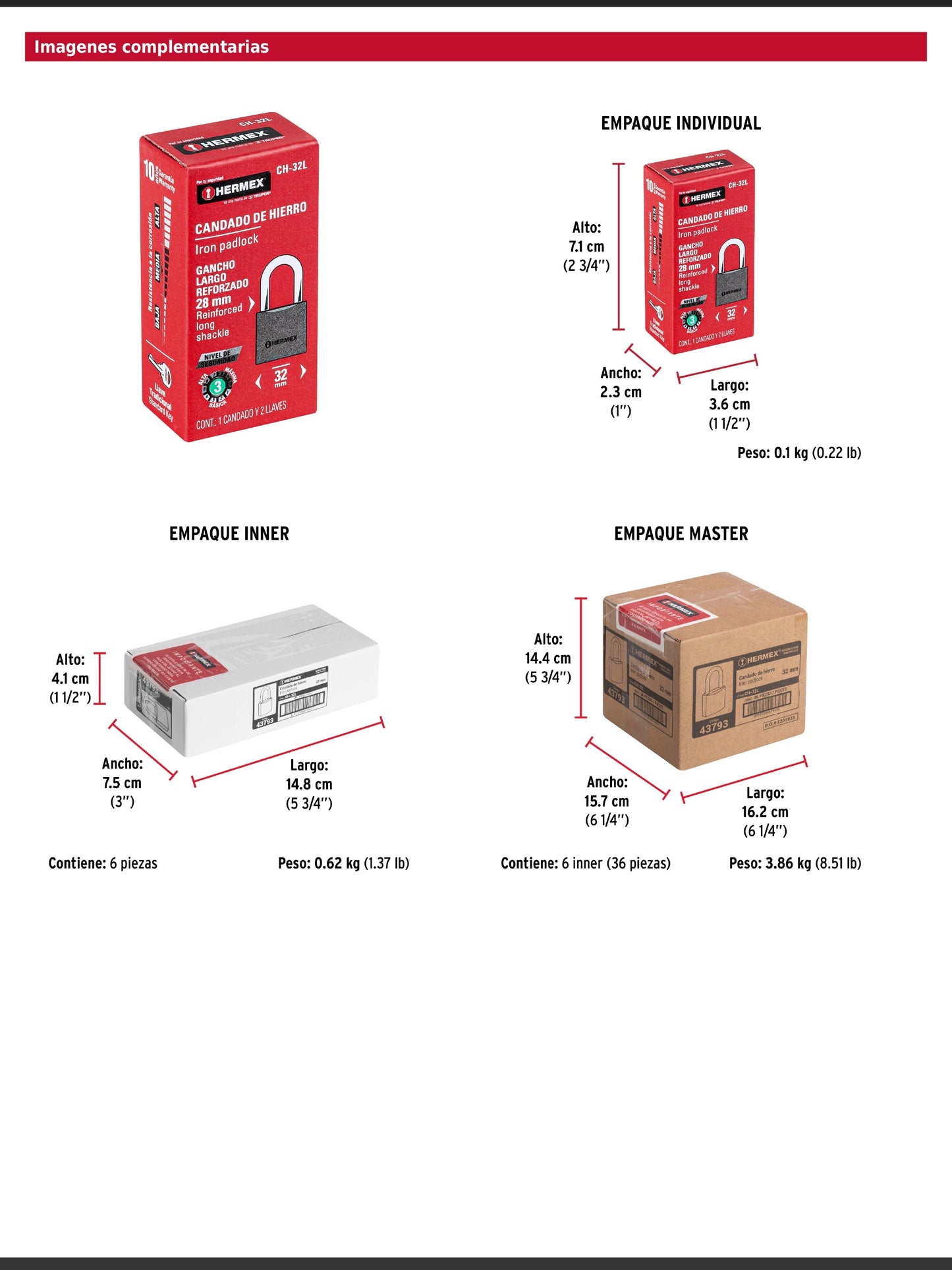 Candado de hierro de 32 mm con gancho largo