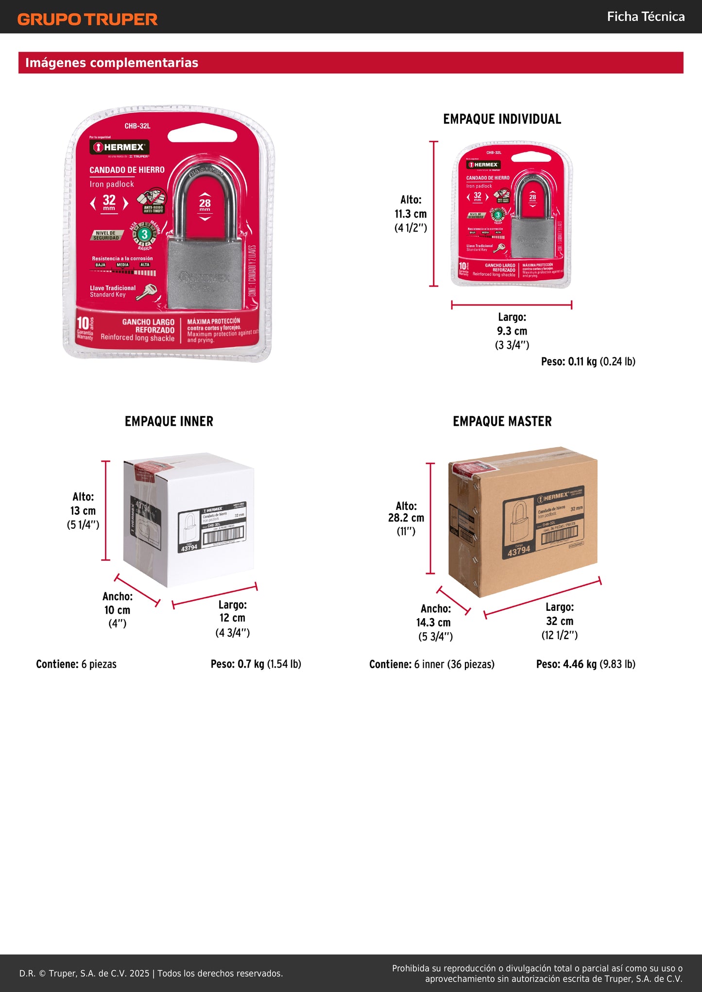 Candado de hierro de 32 mm con gancho largo