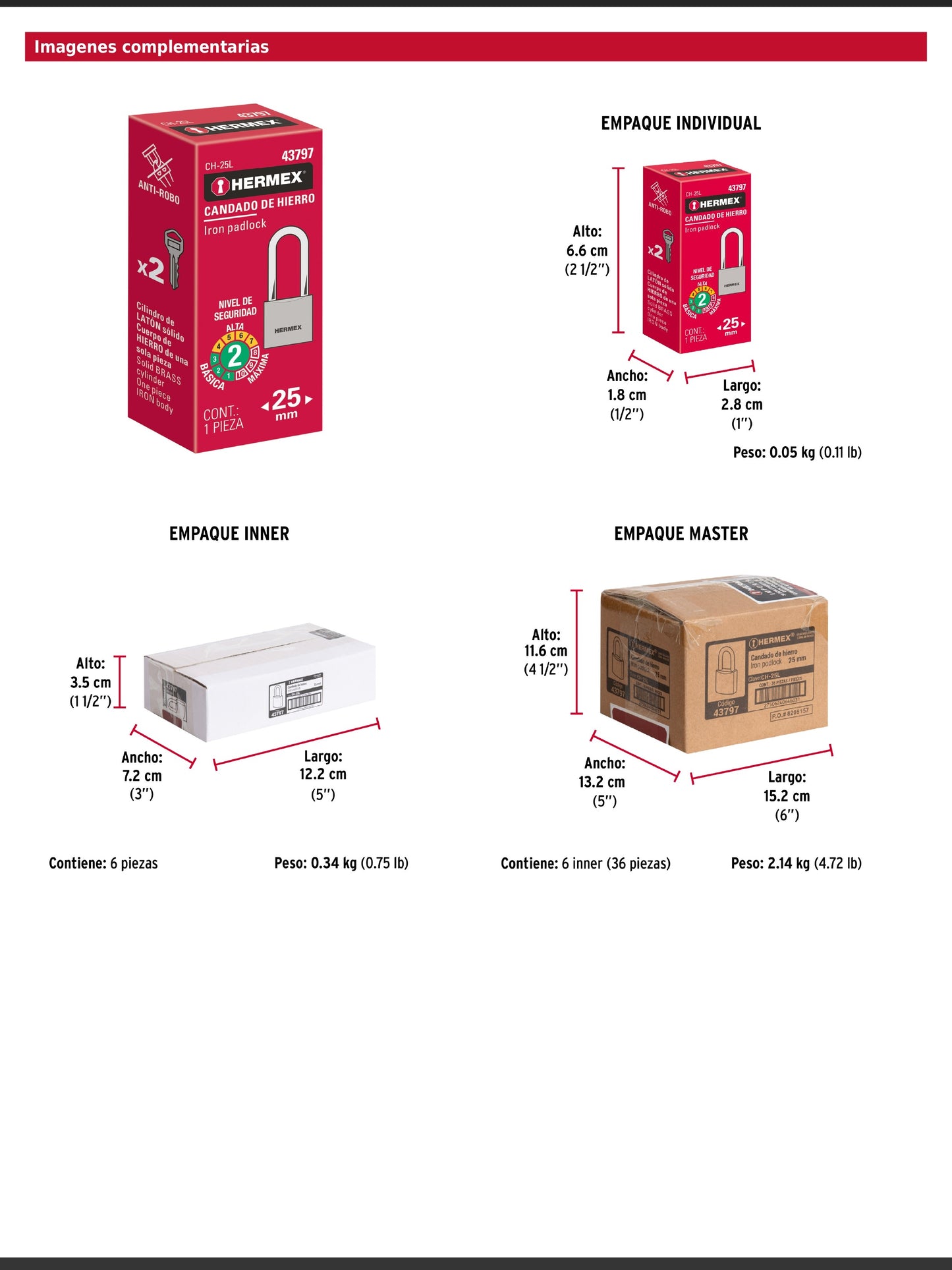 Candado de hierro de 25 mm con gancho largo