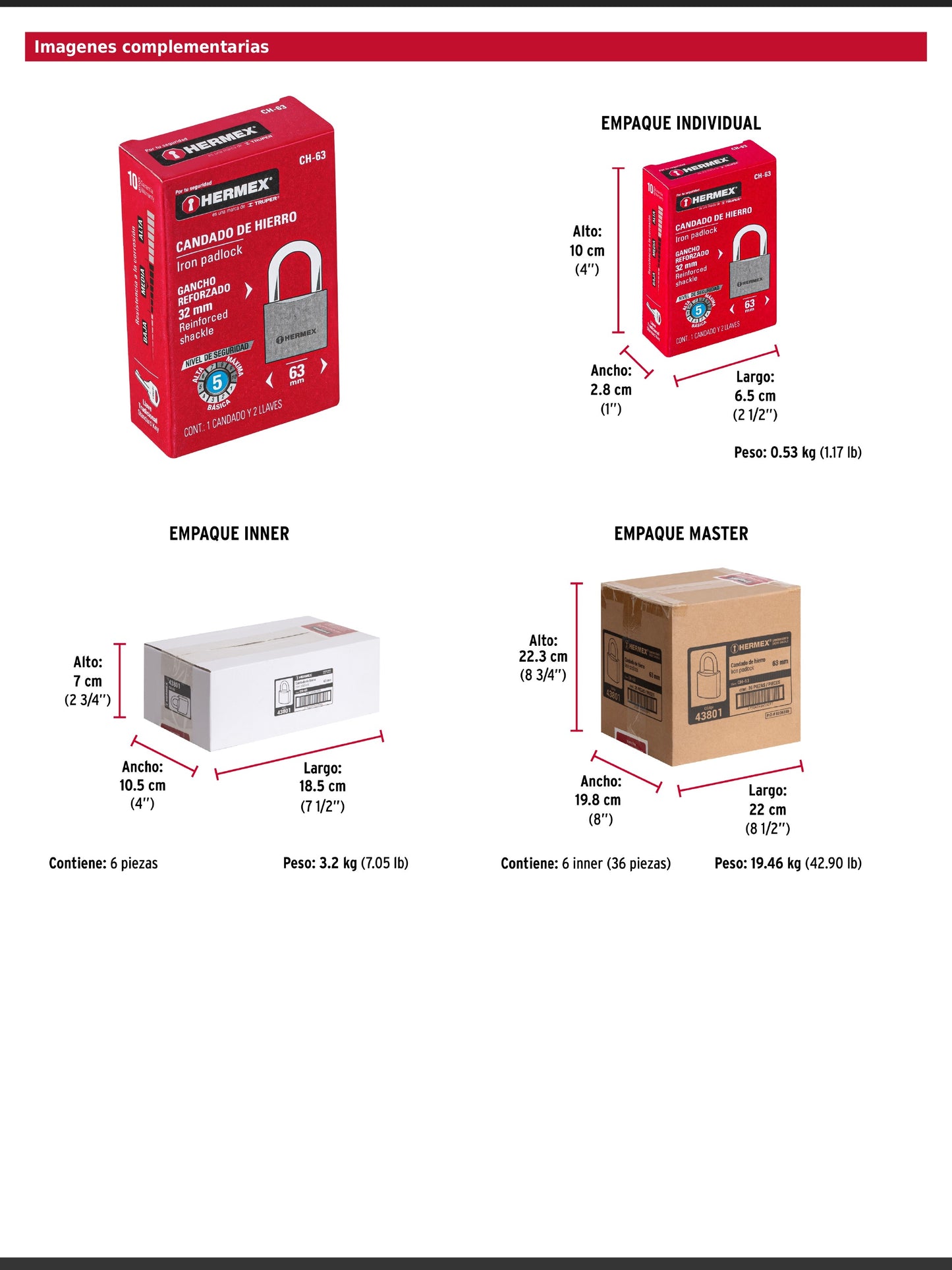 Candado de hierro de 63 mm con gancho corto