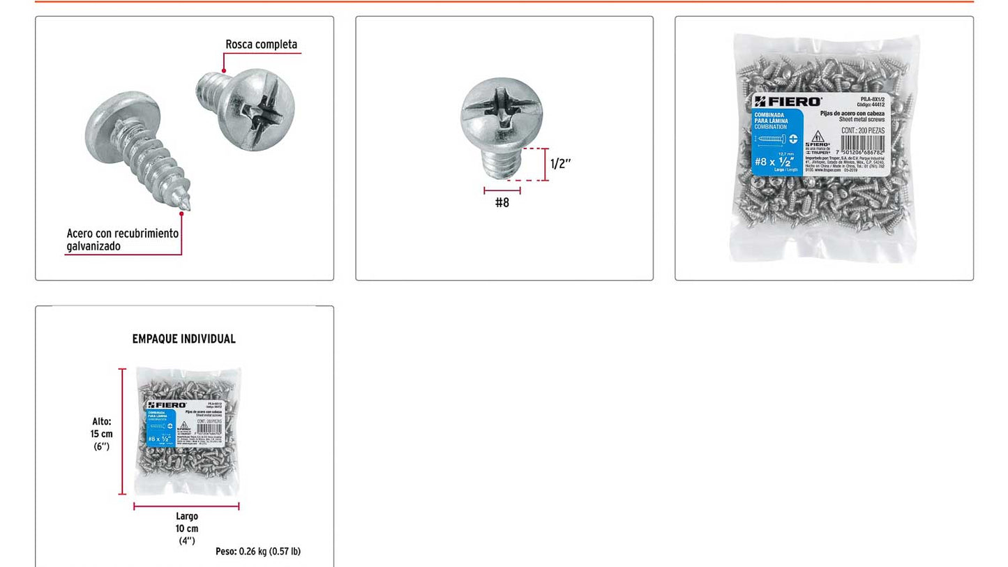 Tornillo gypsum para lamina 8 x 1/2 pulg