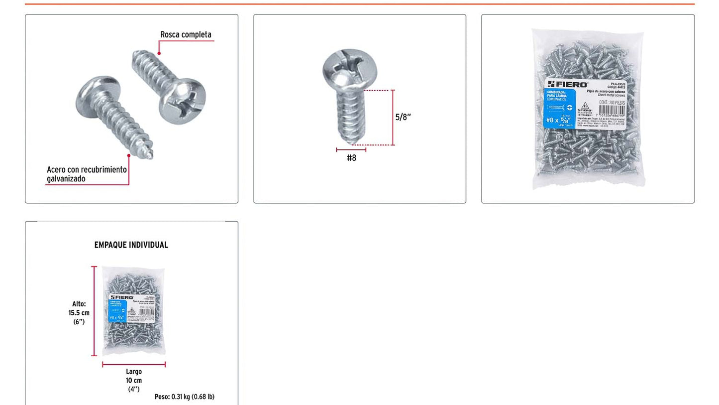 Tornillo gypsum para lamina 8 x 5/8 pulg