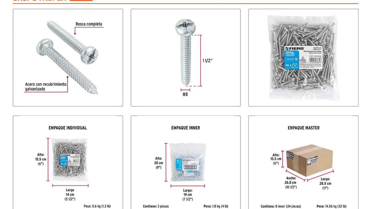 Tornillo gypsum para lamina 8 x 1-1/2 pulg