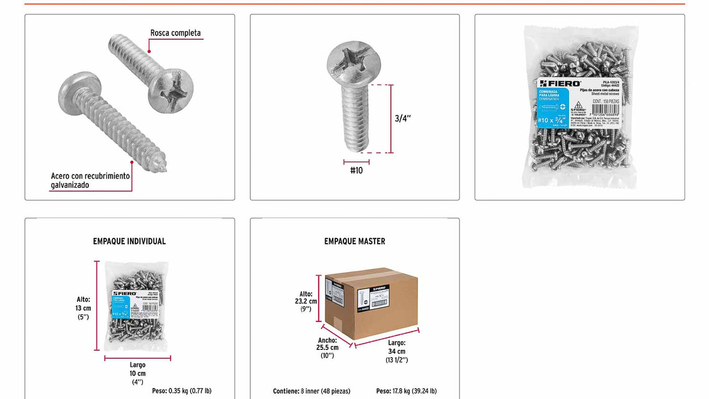Tornillo gypsum para lamina 10 x 3/4 pulg