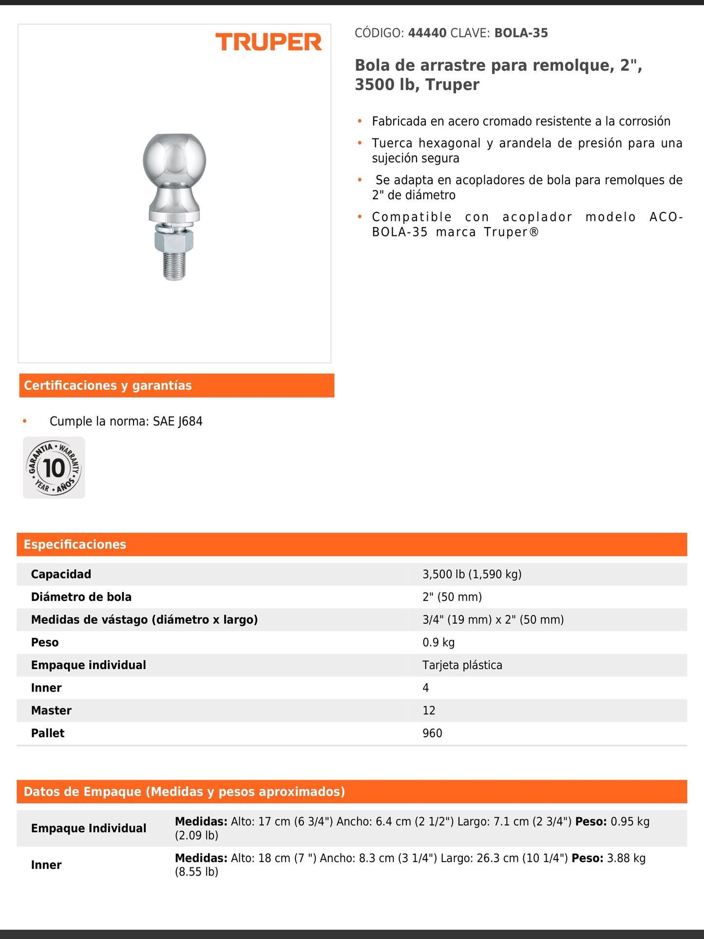 Bola de arrastre de 2" con capacidad de 3500 lb