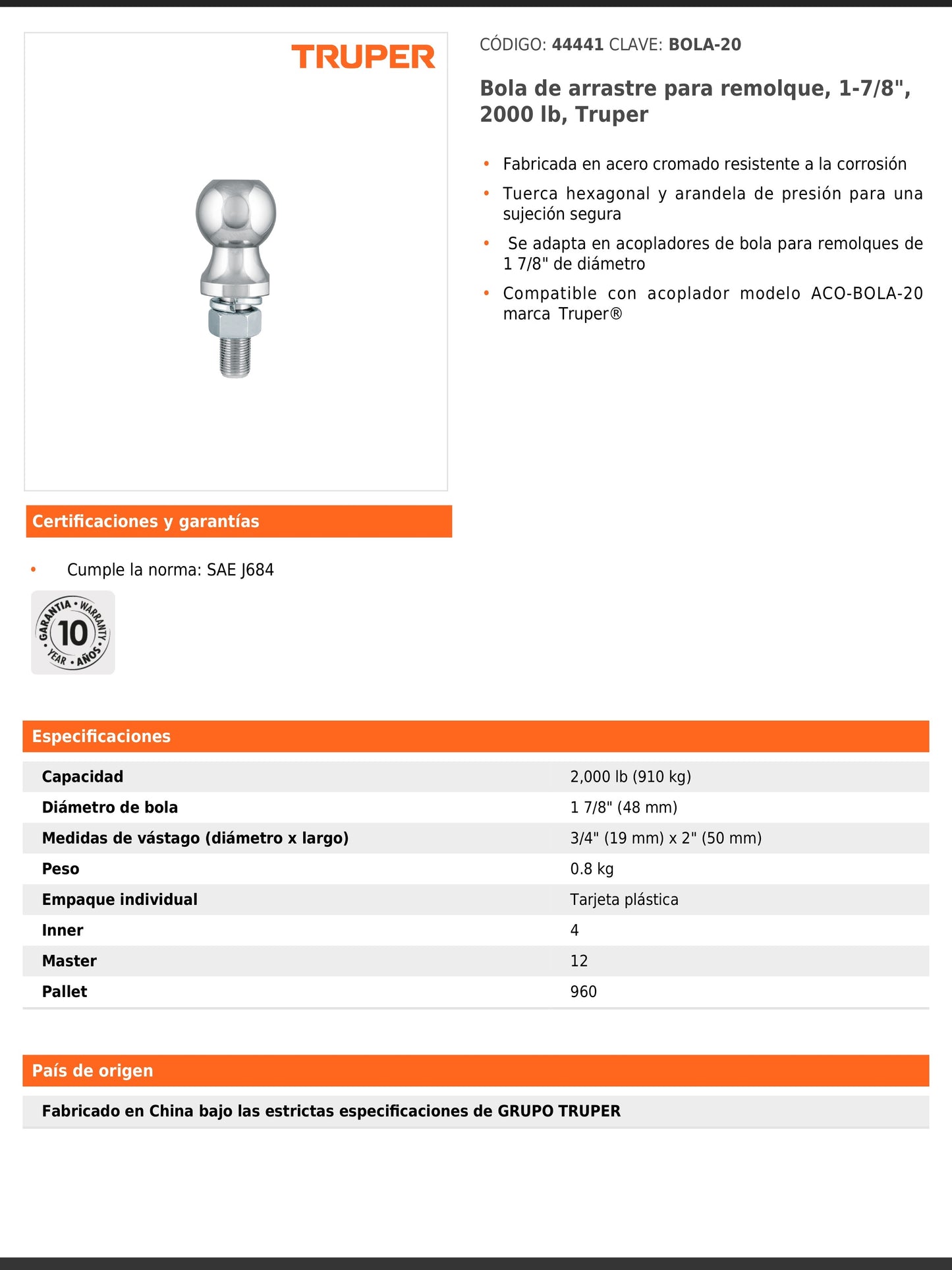 Bola de arrastre de 1-7/8" con capacidad de 2000 lb