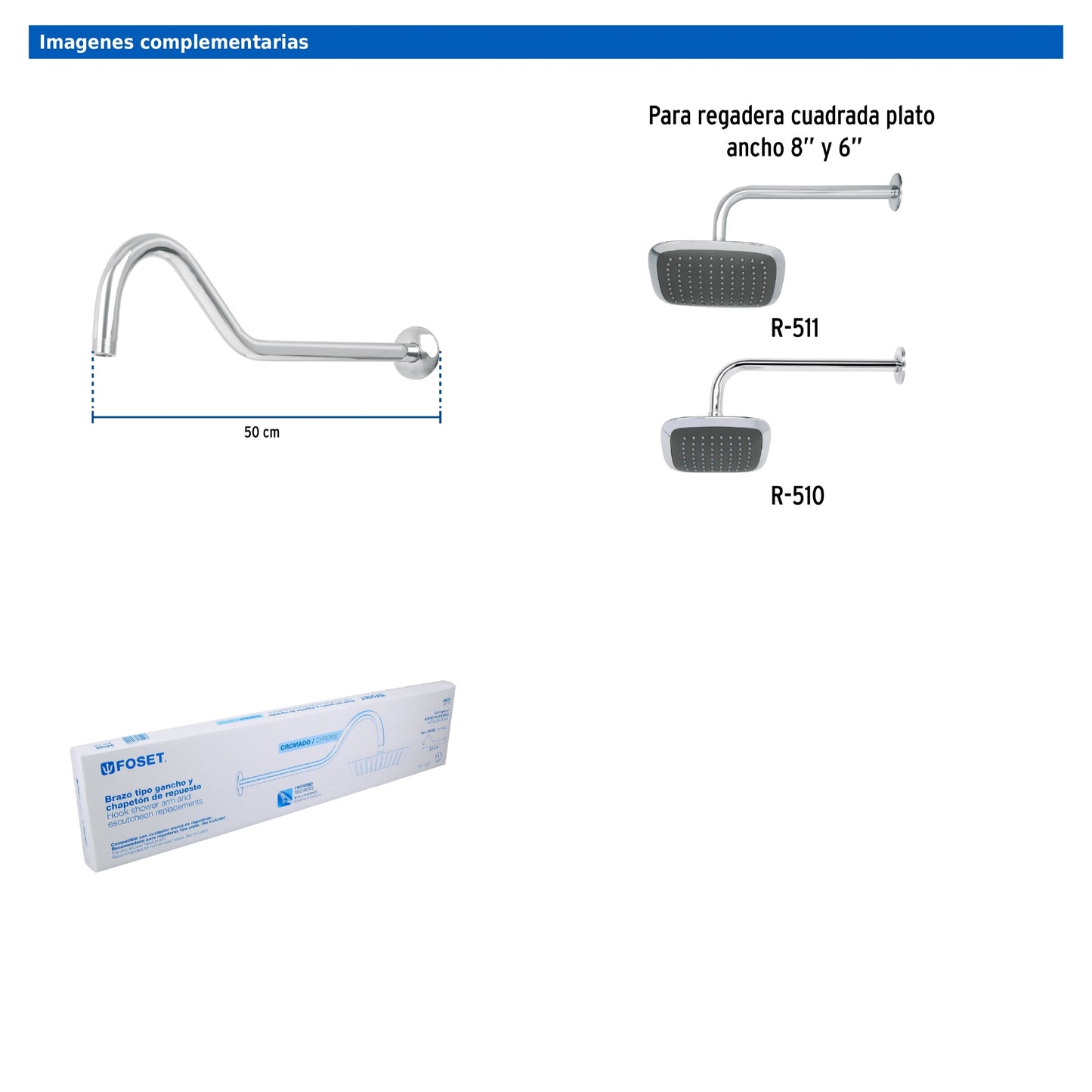 Brazo de 50 cm tipo gancho con chapetón para regadera