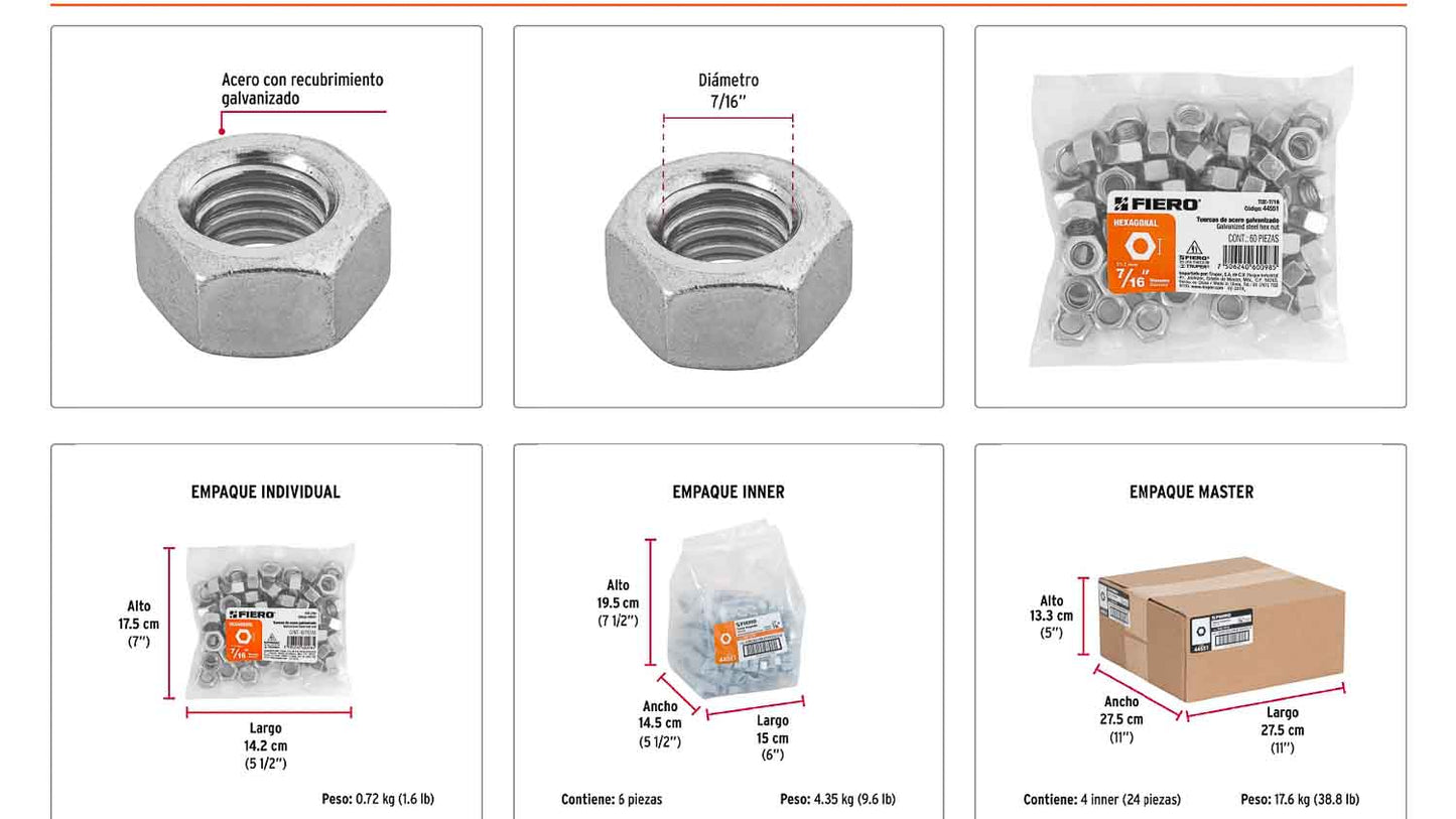 Tuerca hexagonal galvanizada 7/16 pulg