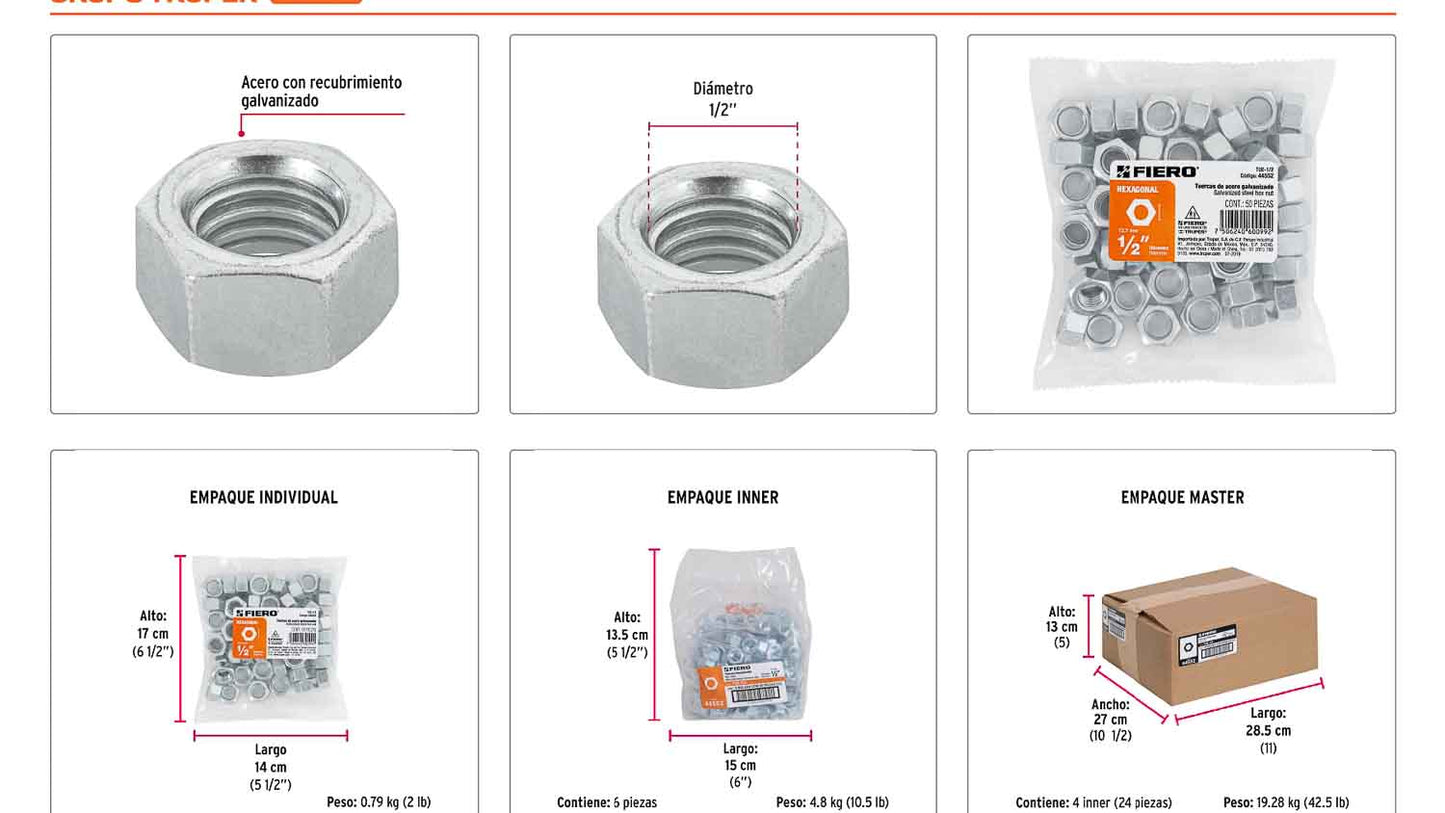Tuerca hexagonal galvanizada 1/2 pulg