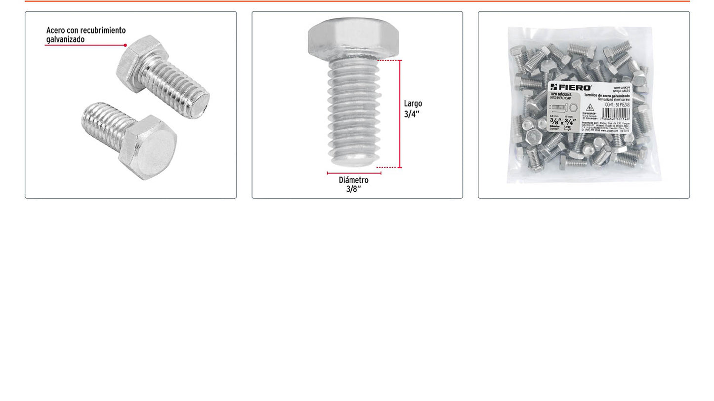 Tornillos tipo maquina 3/8 x 3/4