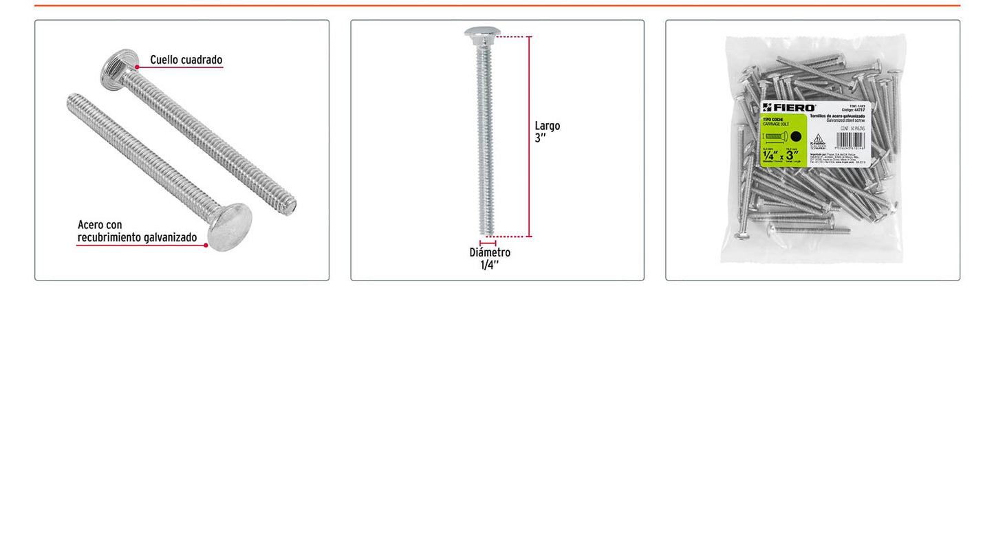 Tornillo coche galvanizado 1/4 x 3 pulg
