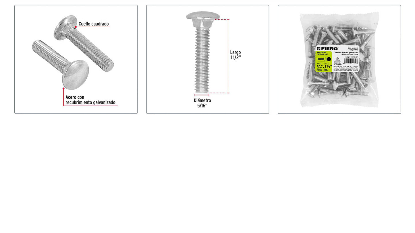 Tornillo coche galvanizado 5/16 x 1-1/2 pulg