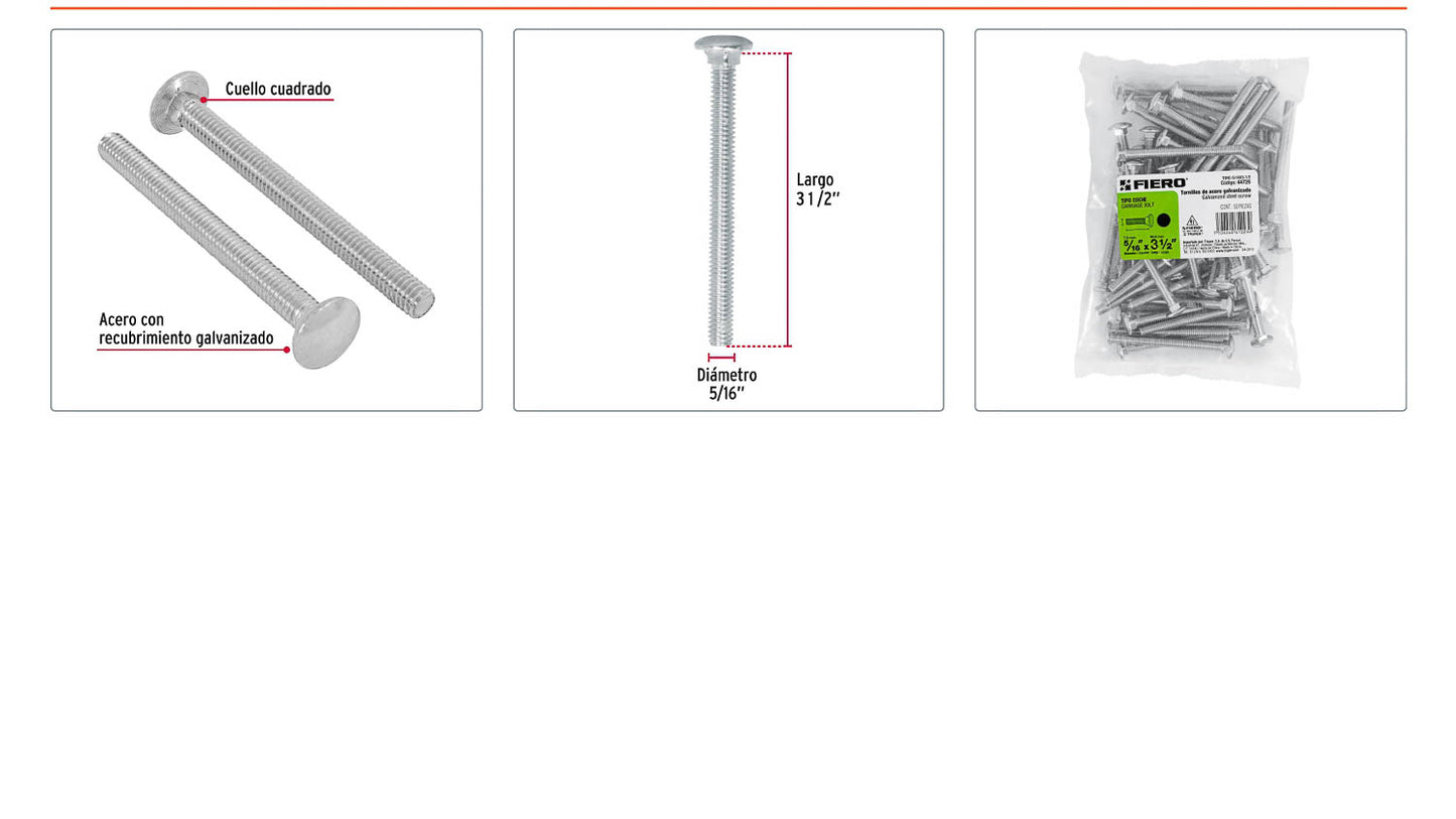 Tornillo coche galvanizado 5/16 x 3-1/2 pulg