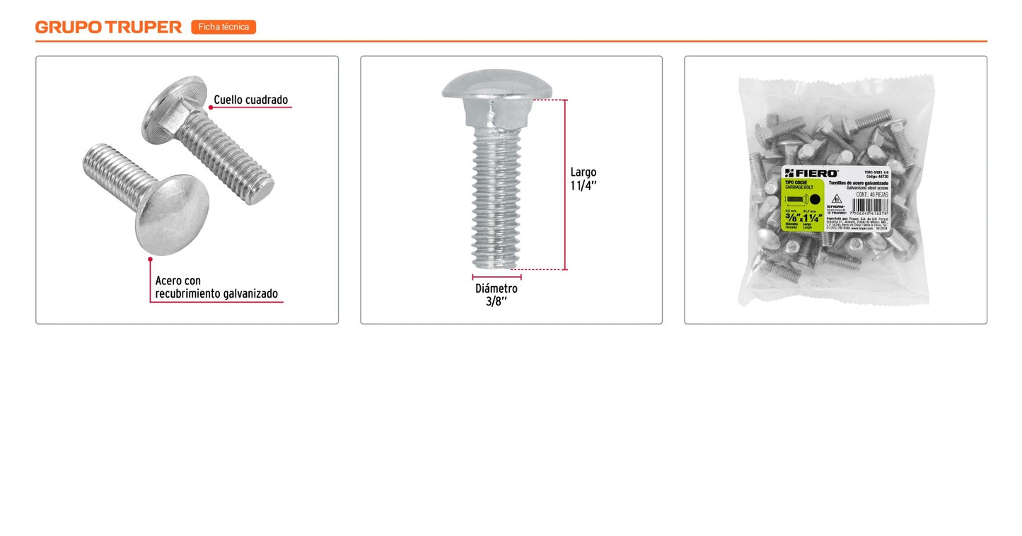 Tornillo coche galvanizado 3/8 x 1-1/4 pulg