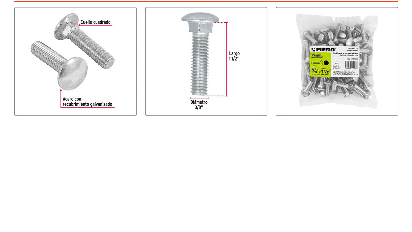 Tornillo coche galvanizado 3/8 x 1-1/2 pulg