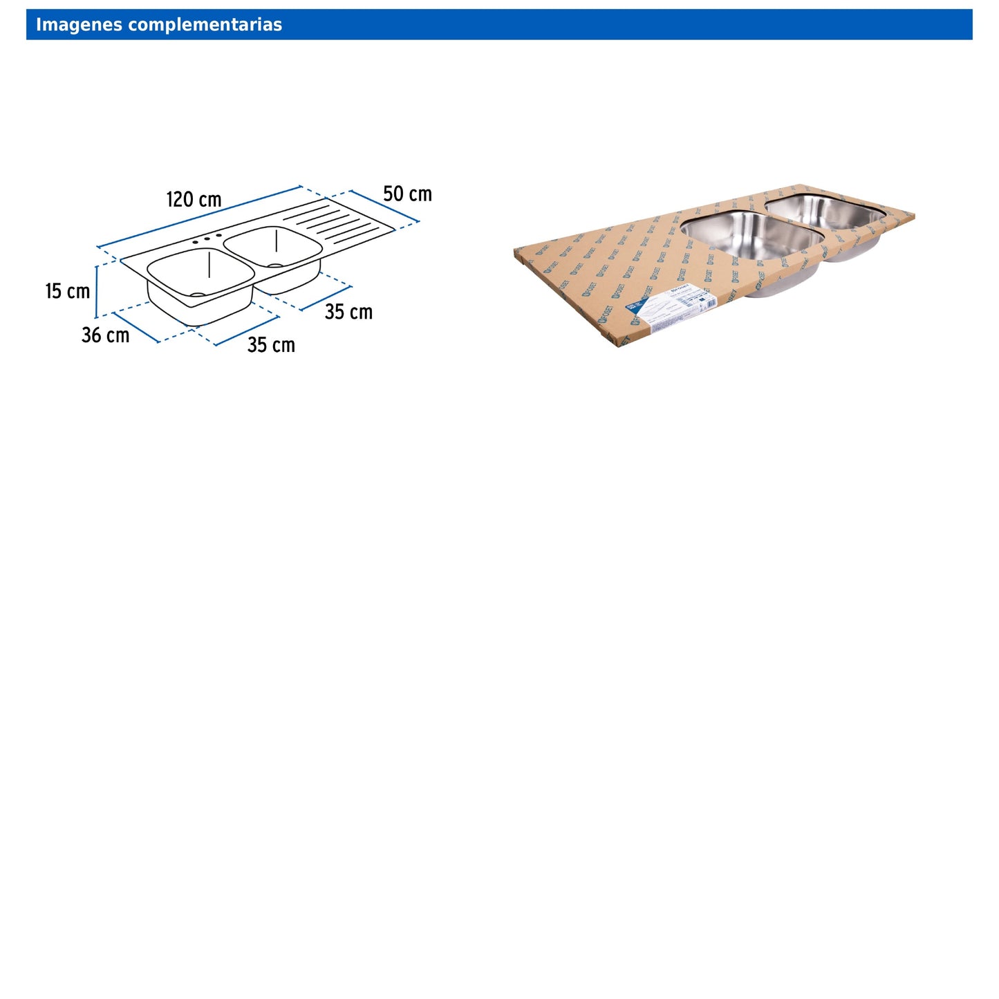 Tarja de empotrar de 120x50 cm con doble tina derecha y acabado satín