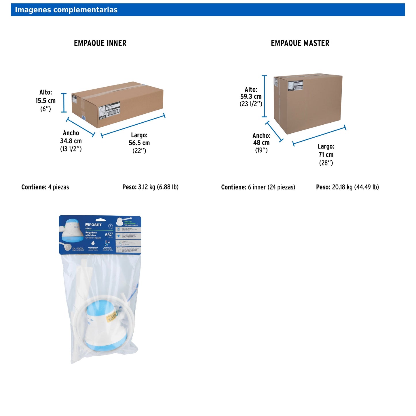 Regadera eléctrica azul de 4 temperaturas con manguera y brazo incluido