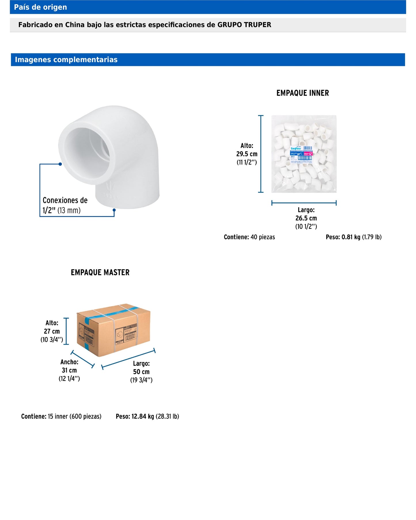 Codo de PVC de 1/2 pulgada a 90 grados