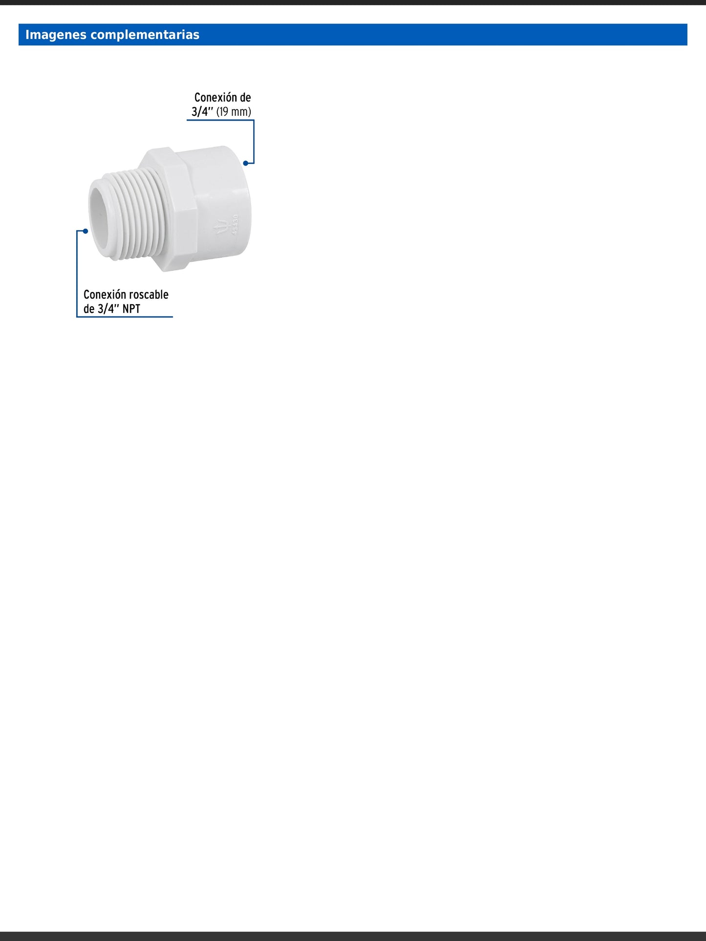 Adaptador macho de PVC cédula 40 de 3/4 pulgada con rosca NPT