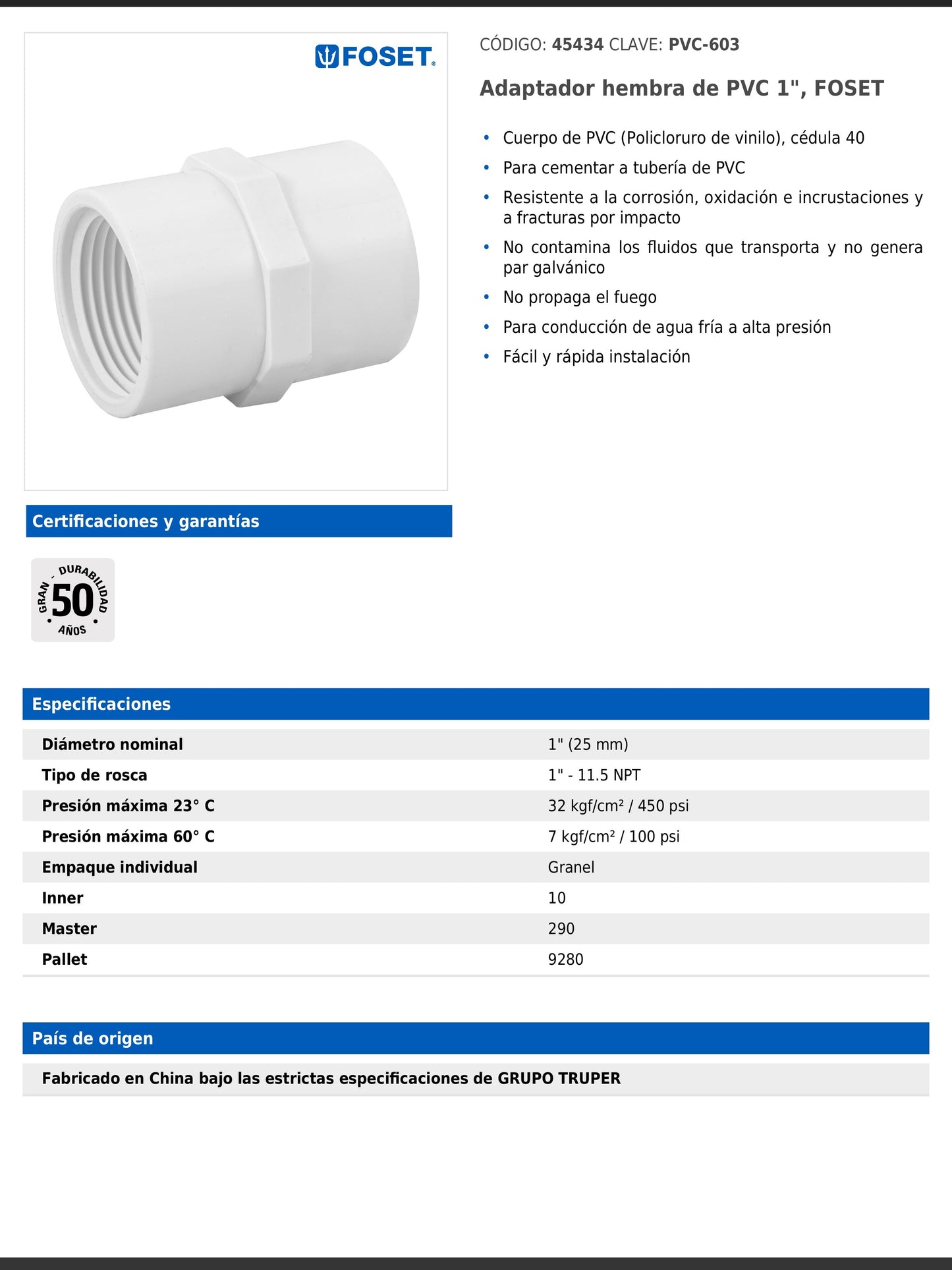 Adaptador hembra de PVC cédula 40 de 1 pulgada con rosca NPT