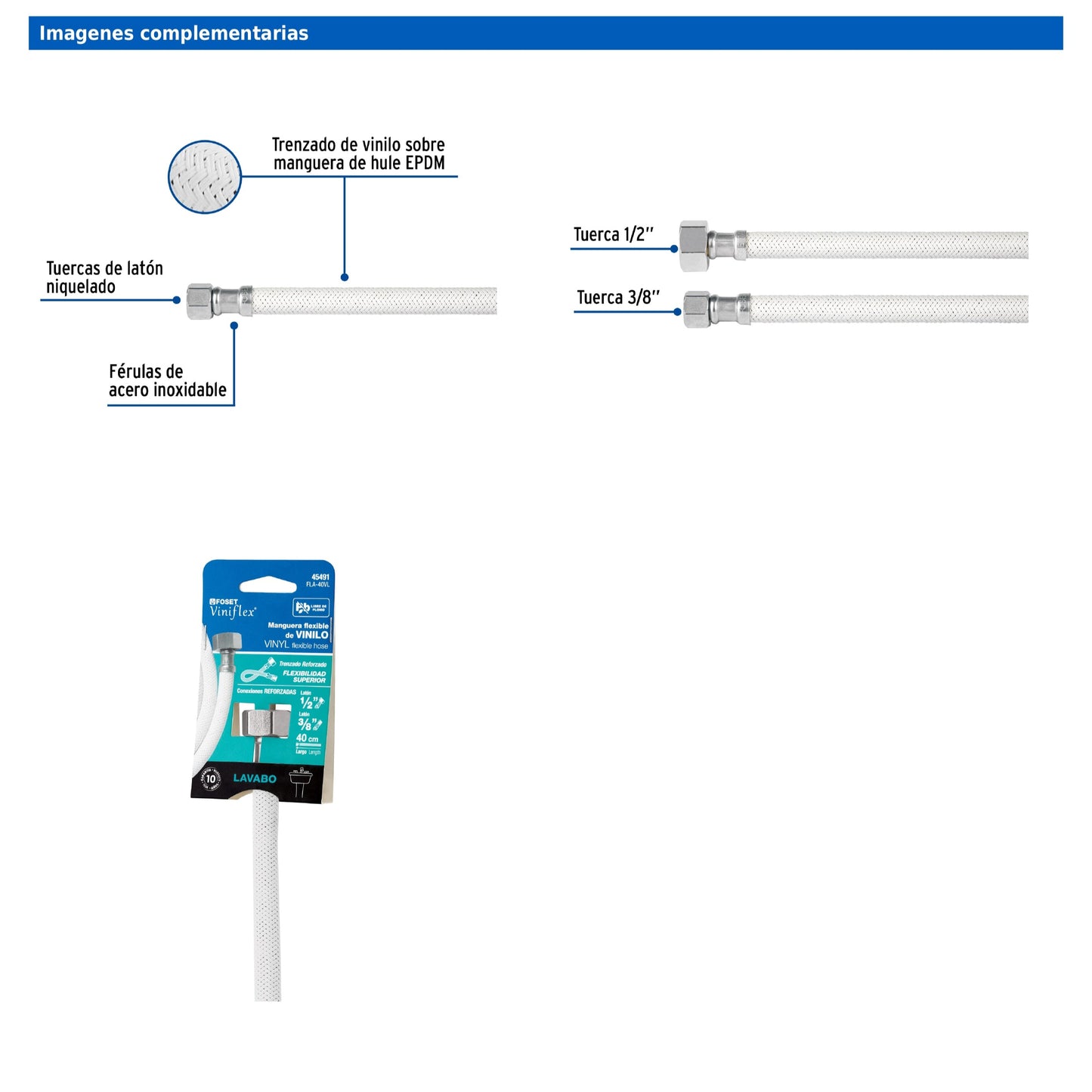 Manguera para lavabo o fregadero de 40 cm con vinilo blanco trenzado y tuercas metálicas