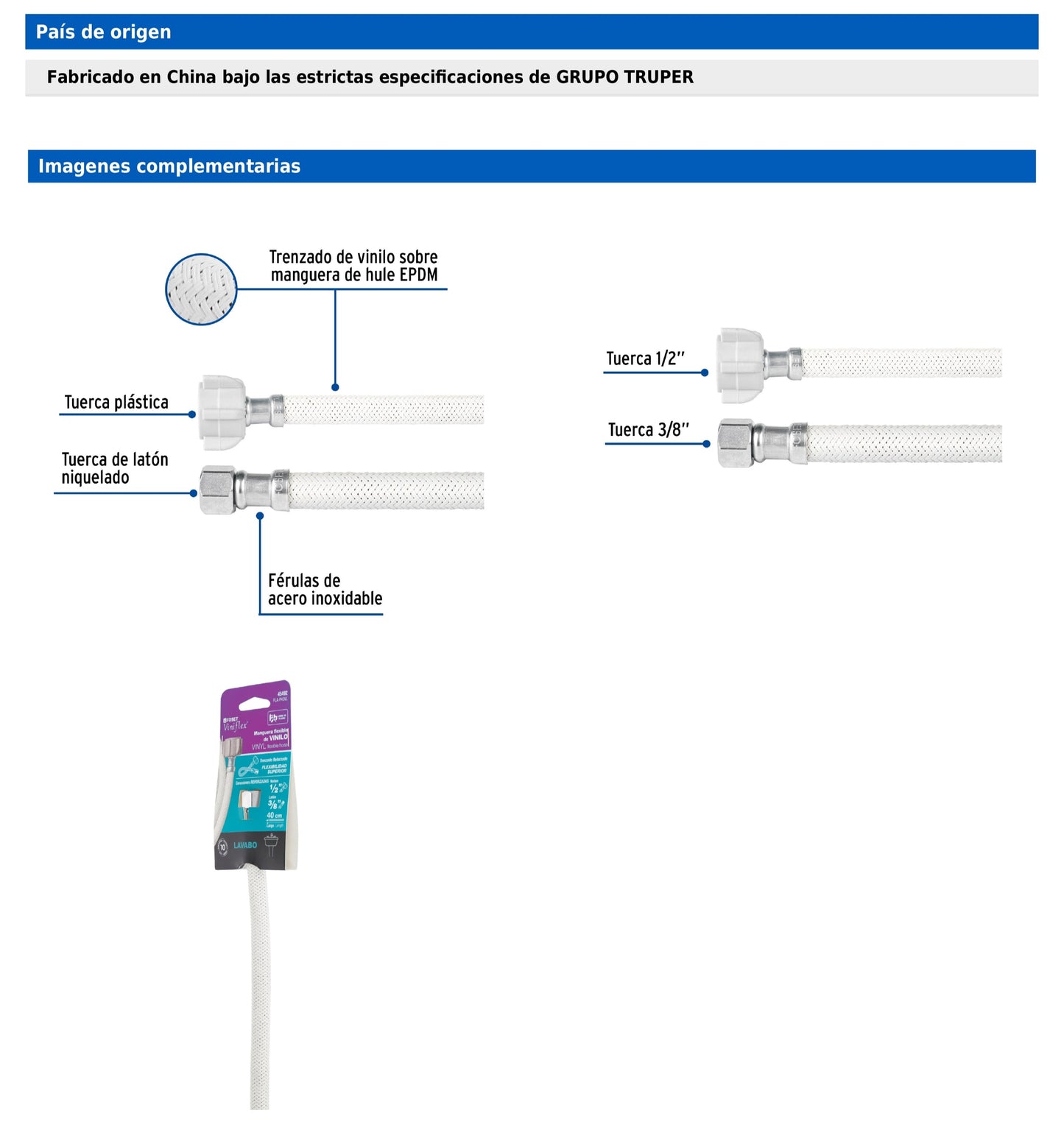 Manguera para lavabo o fregadero de 40 cm con vinilo trenzado y tuerca plástica