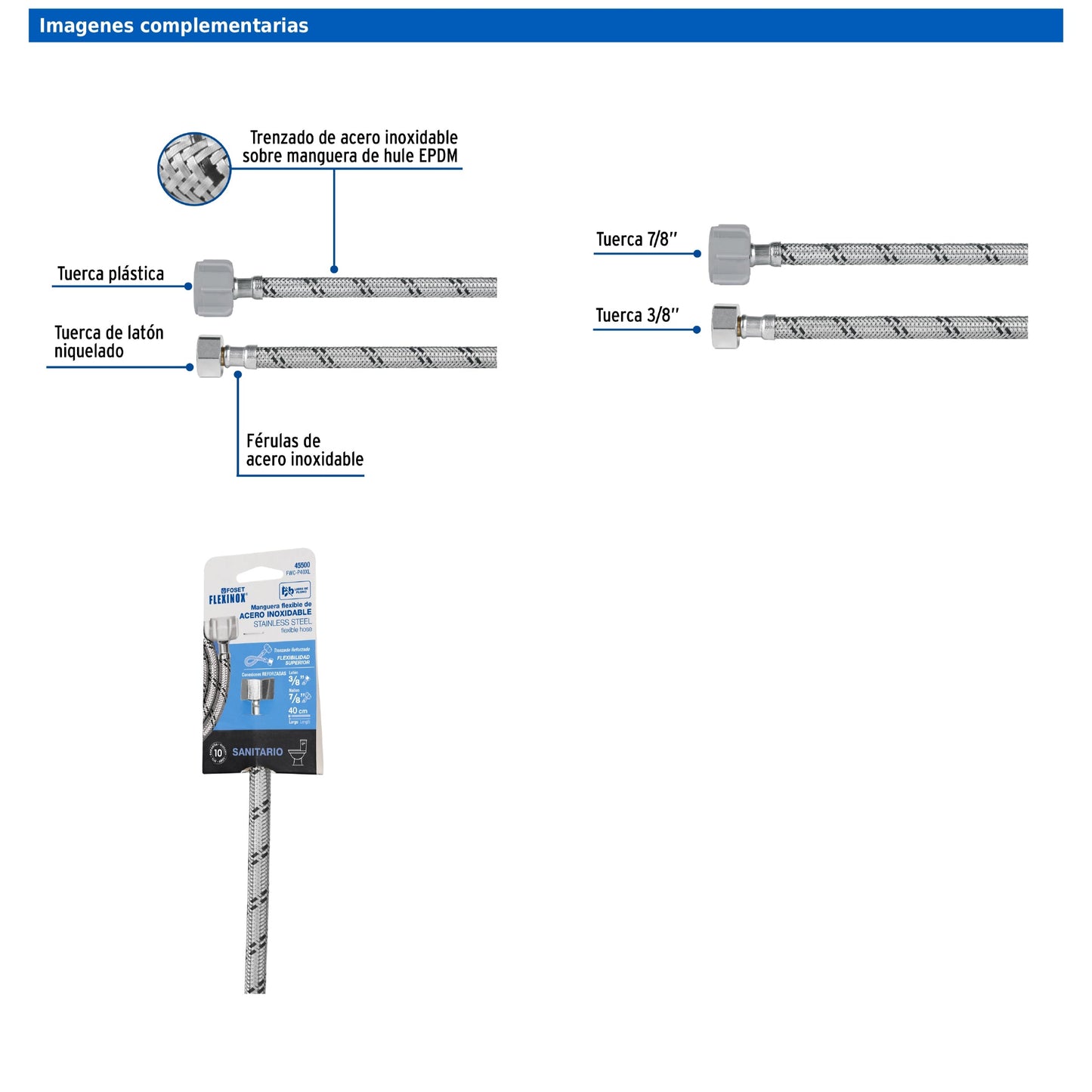 Manguera para WC de 40 cm con trenzado de acero inoxidable y tuerca plástica