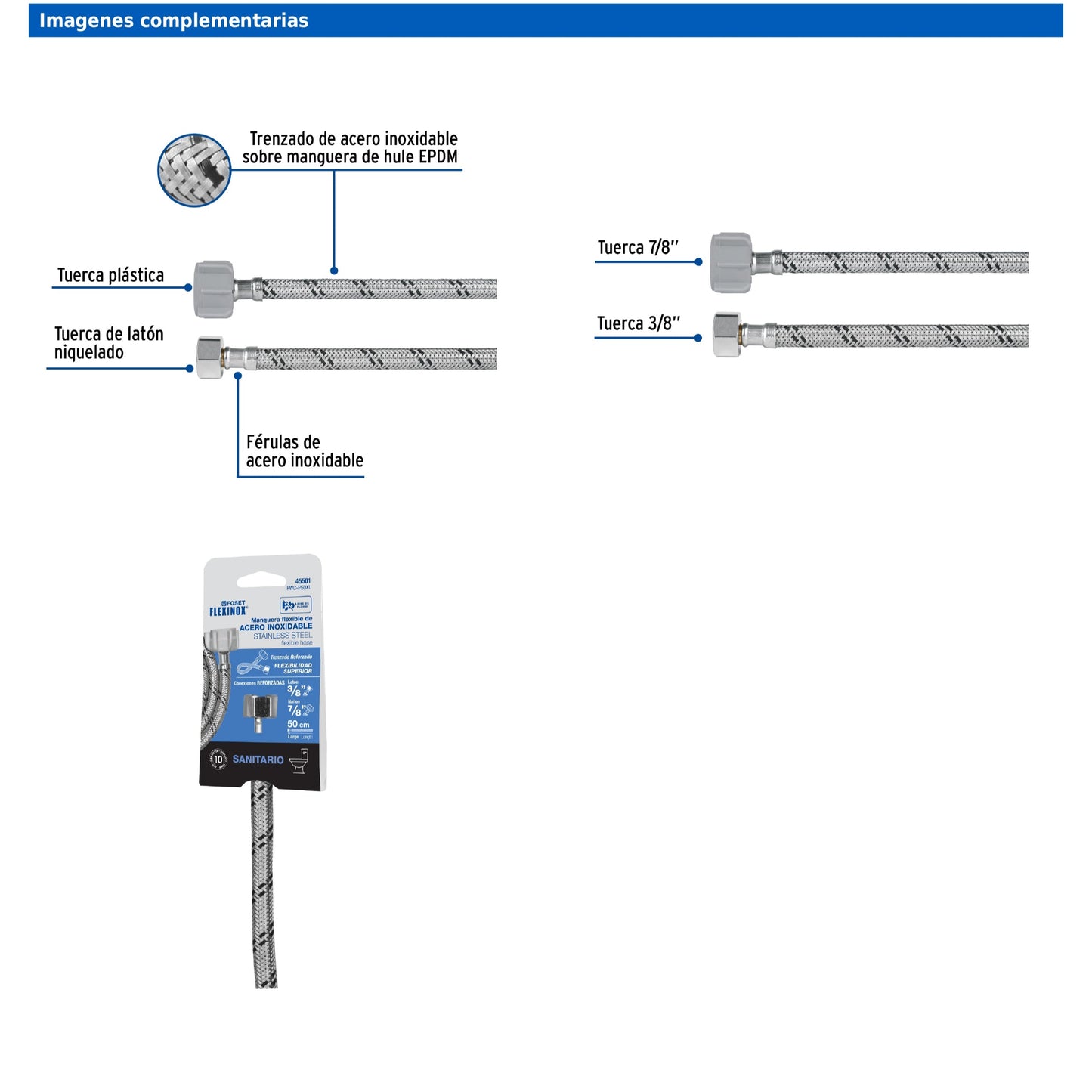 Manguera para WC de 50 cm con trenzado de acero inoxidable y tuerca plástica