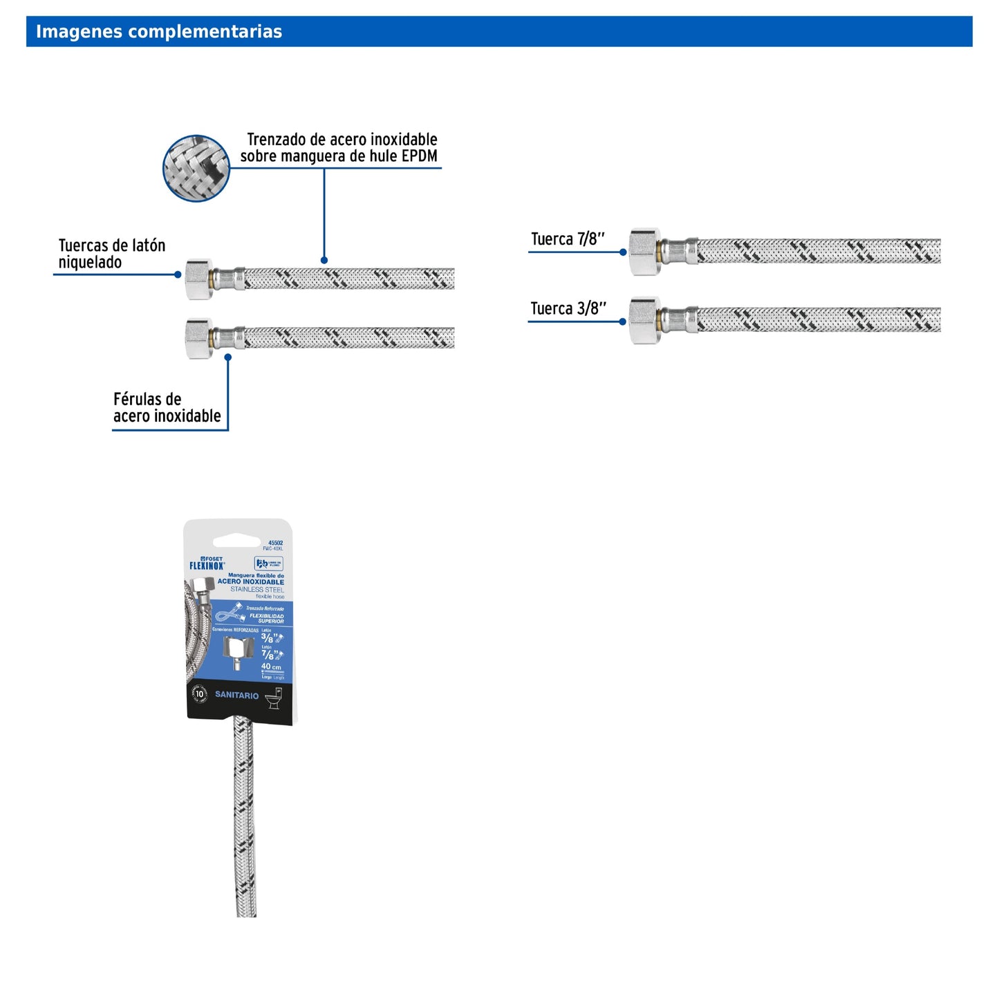 Manguera para WC de 40 cm con trenzado de acero inoxidable y tuercas metálicas