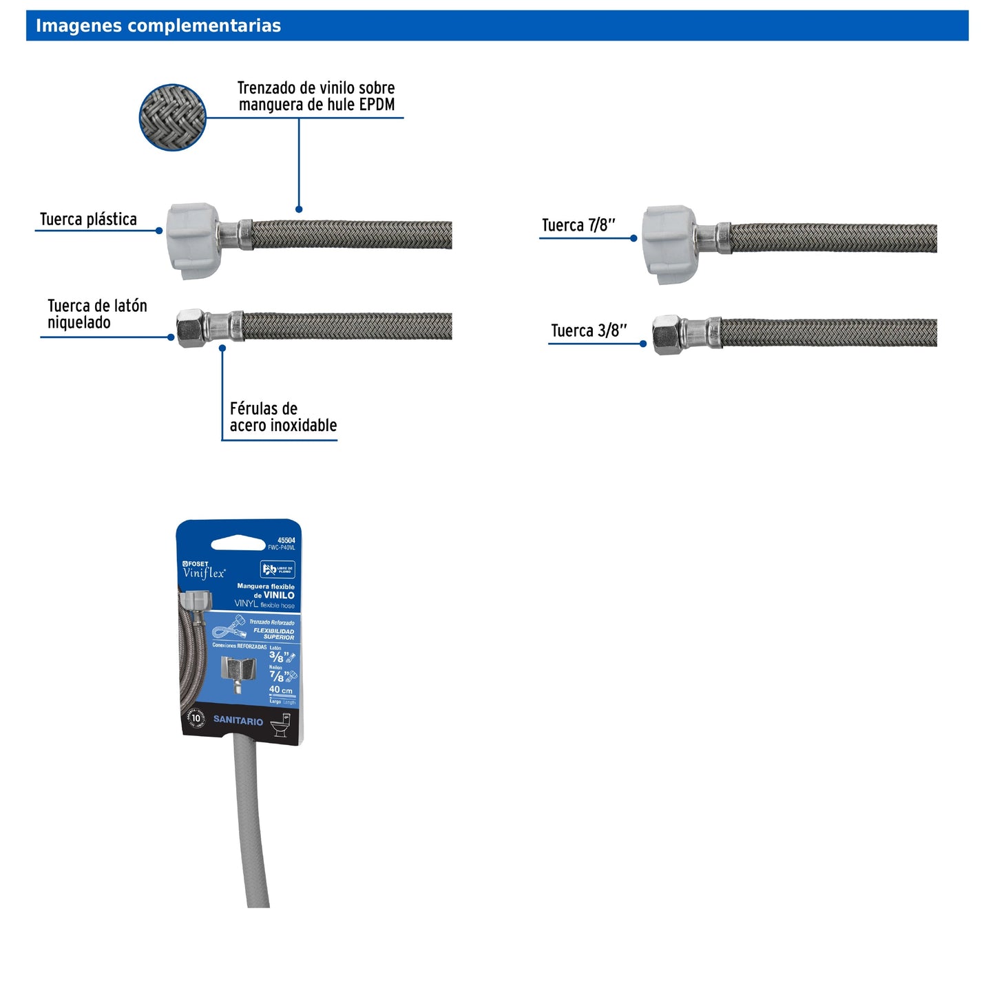 Manguera para WC de 40 cm con trenzado de vinilo gris y tuerca plástica