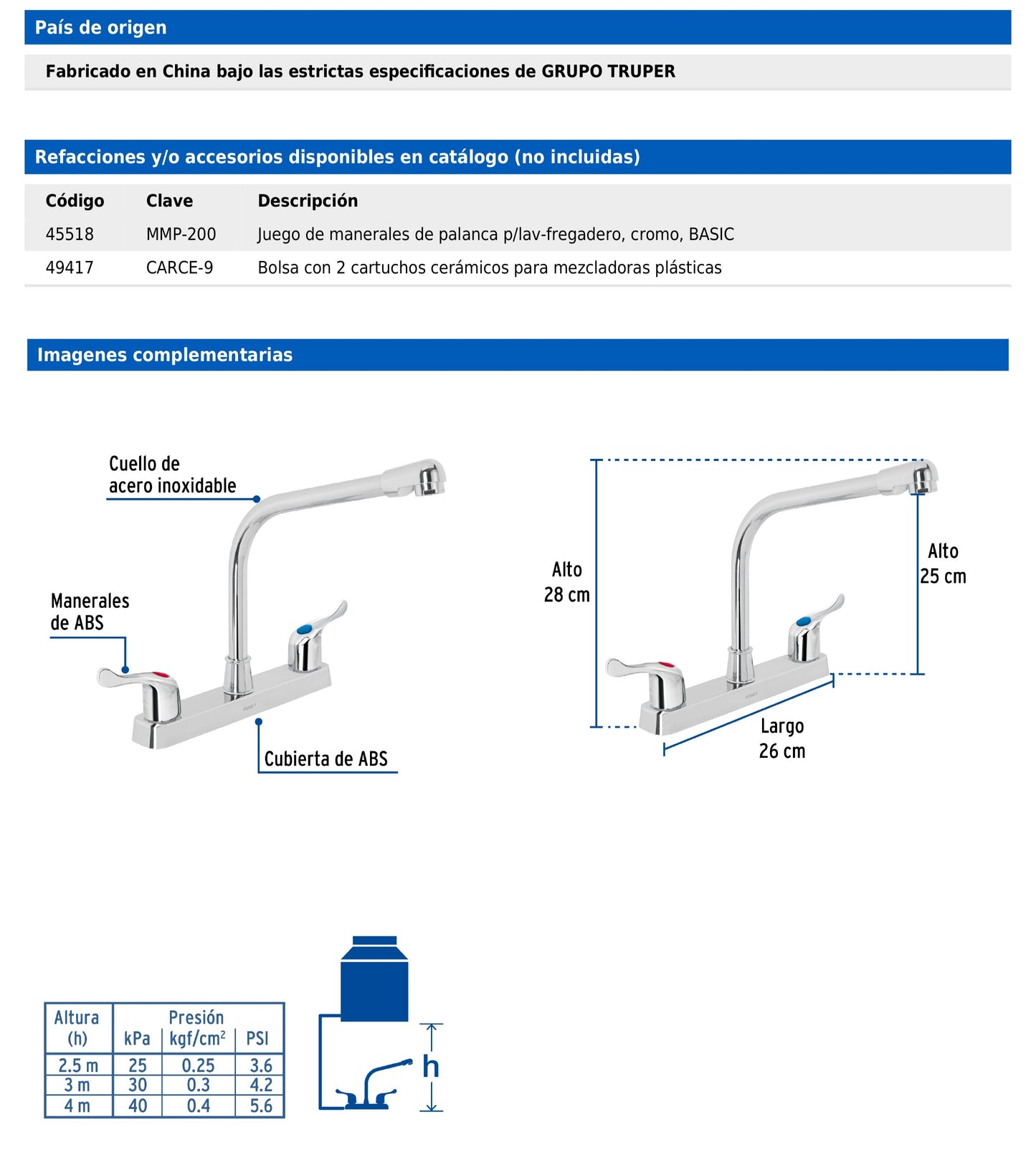 Mezcladora de 8" para fregadero con cuello tipo cobra y manerales palanca