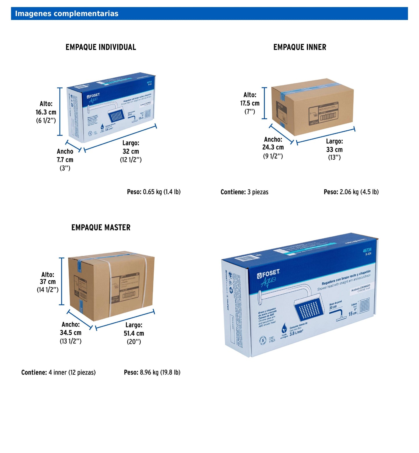 Regadera cuadrada de 6" en ABS con brazo y chapetón cromados