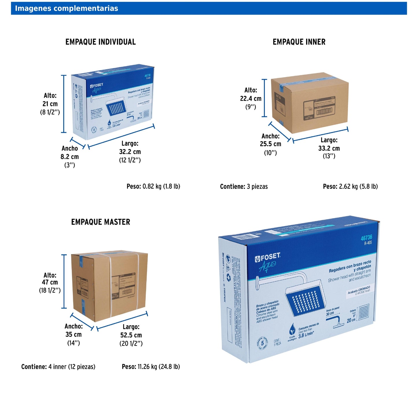 Regadera cuadrada de 8" en ABS con brazo y chapetón cromados