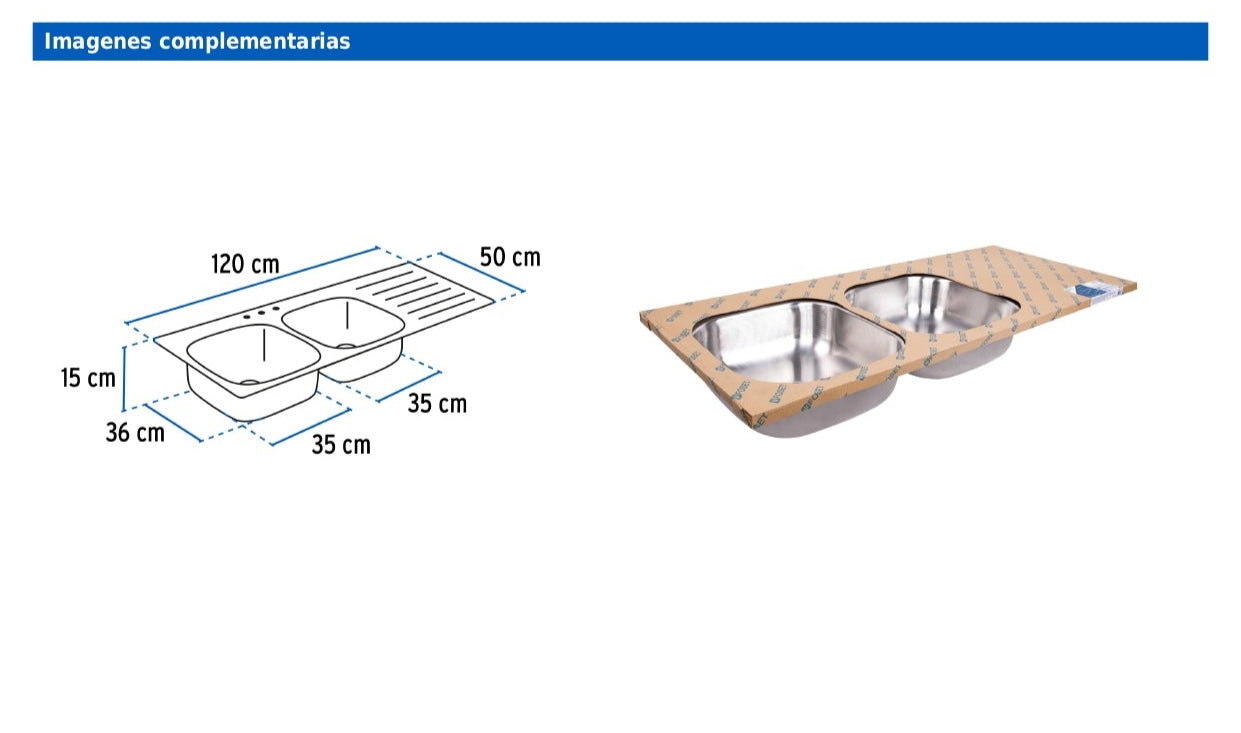 Tarja de empotrar de 120x50 cm con doble tina izquierda y acabado satín