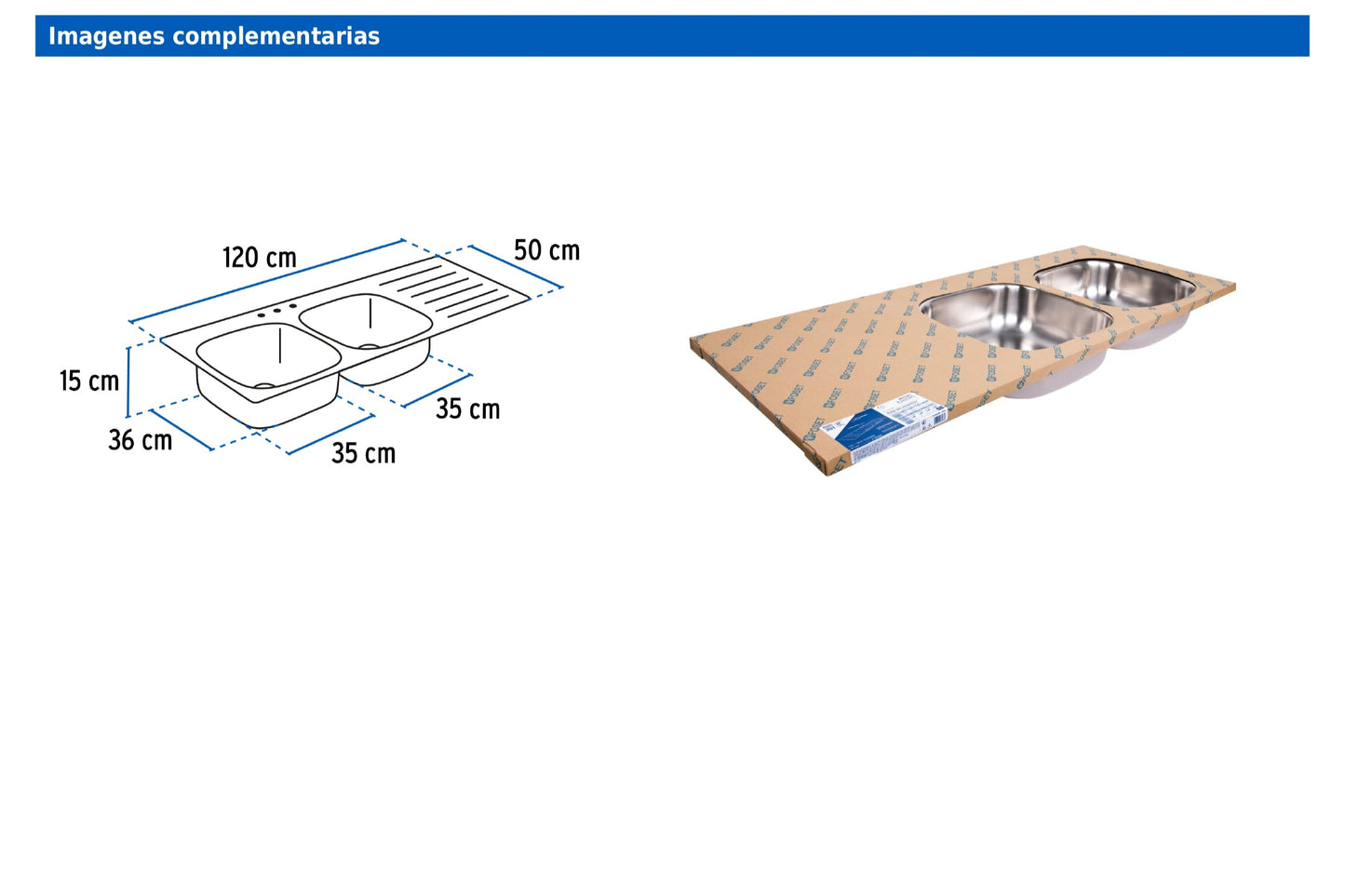 Tarja de empotrar de 120x50 cm con doble tina derecha y acabado satín