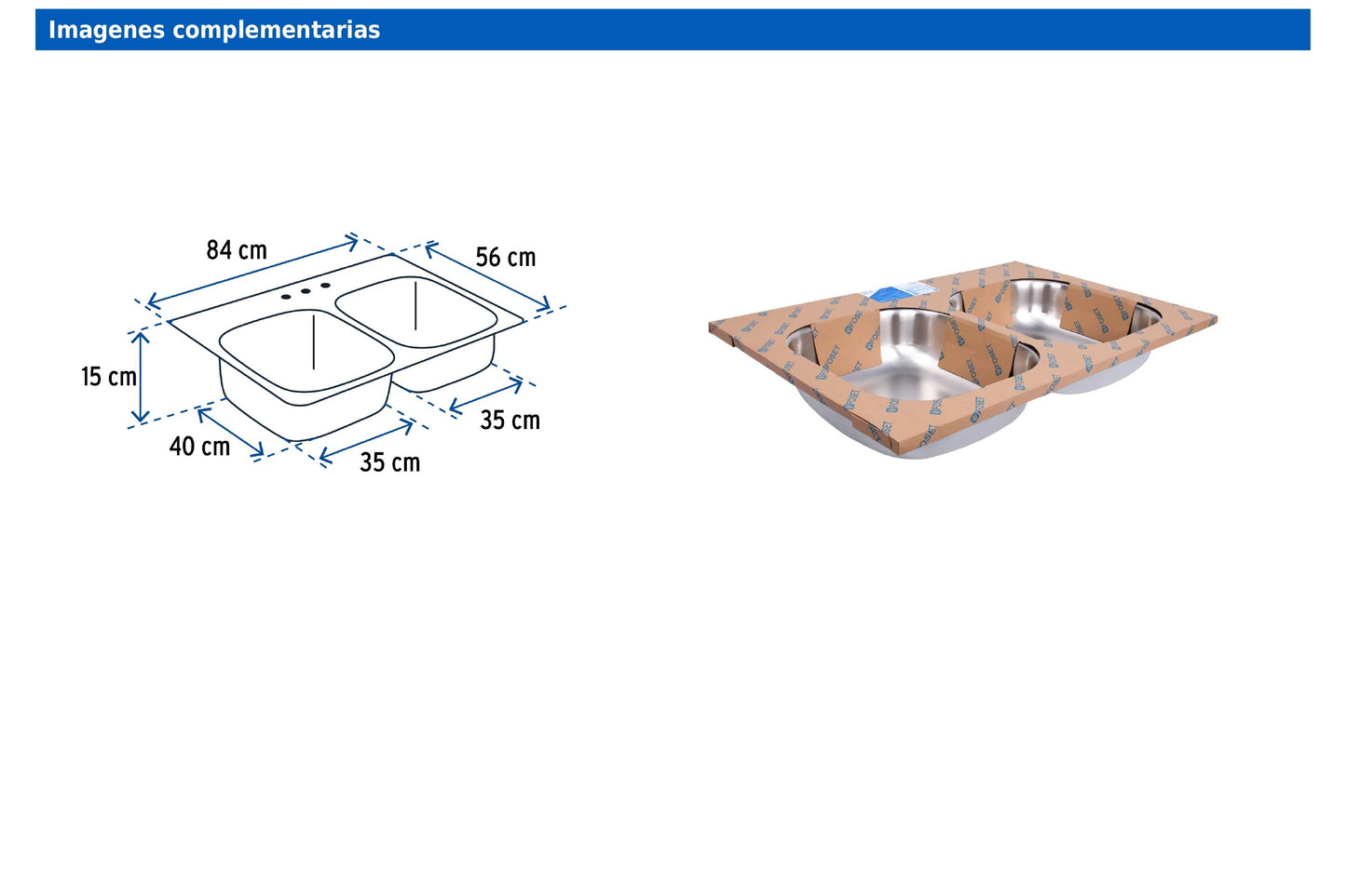 Tarja de empotrar de 84x56 cm con doble tina y tres perforaciones para grifería