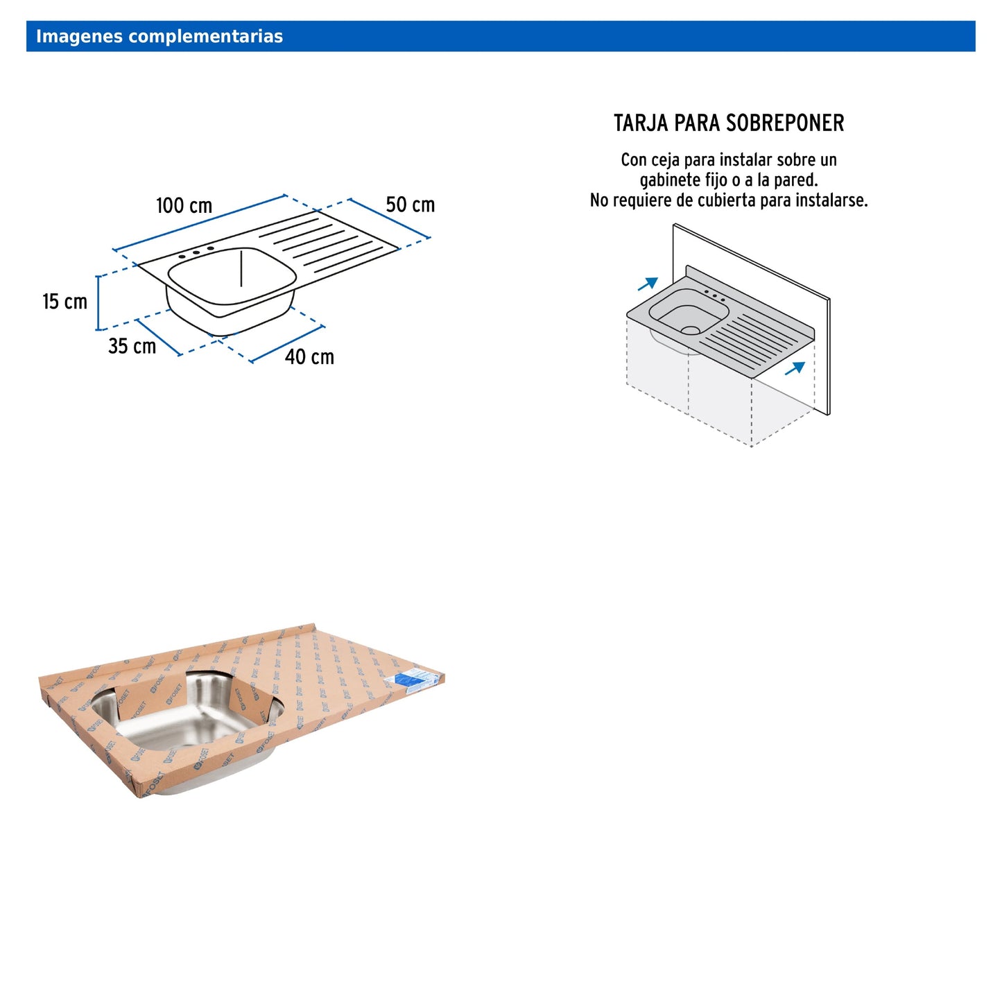 Tarja de sobreponer de 100x50 cm con tina izquierda y acabado satín